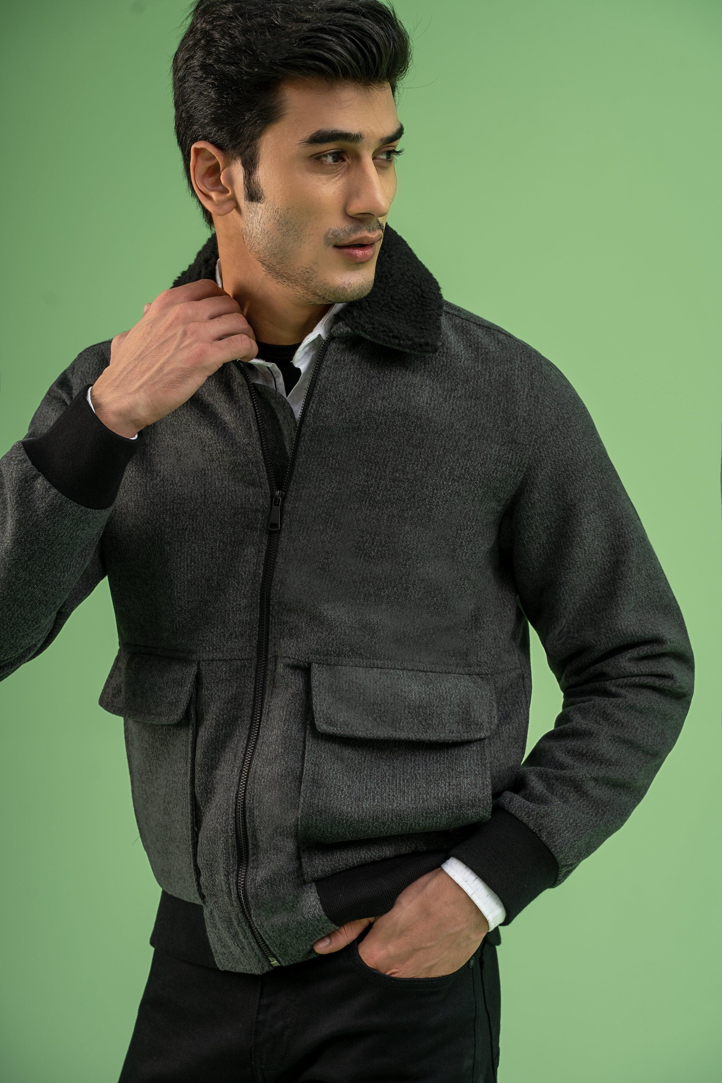 FULL SLEEVE WOOLEN FUR COLLAR JACKET CHARCOAL MELANGE - Image 5