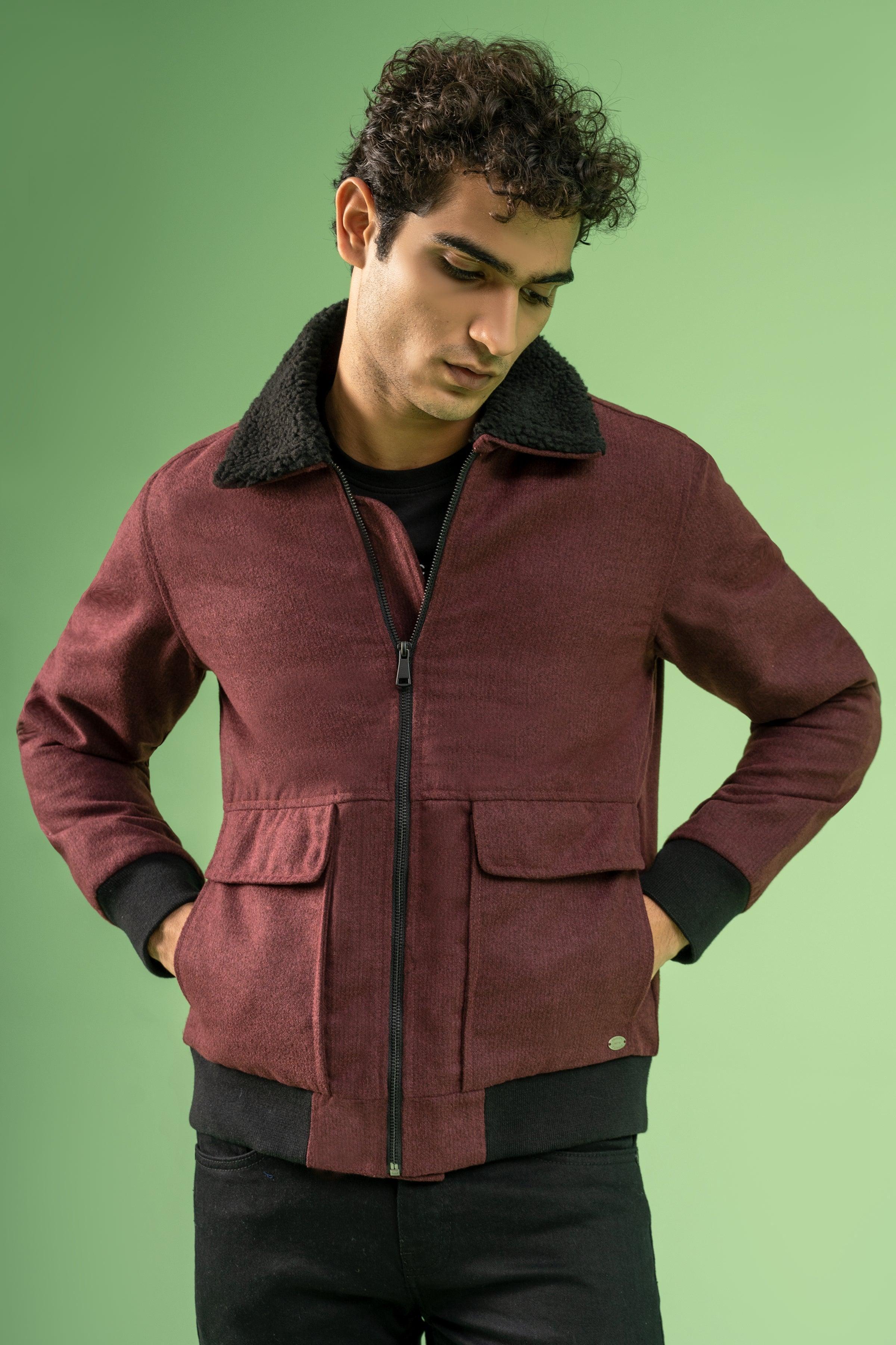 FULL SLEEVE WOOLEN FUR COLLAR JACKET MAROON MELANGE - Image 4