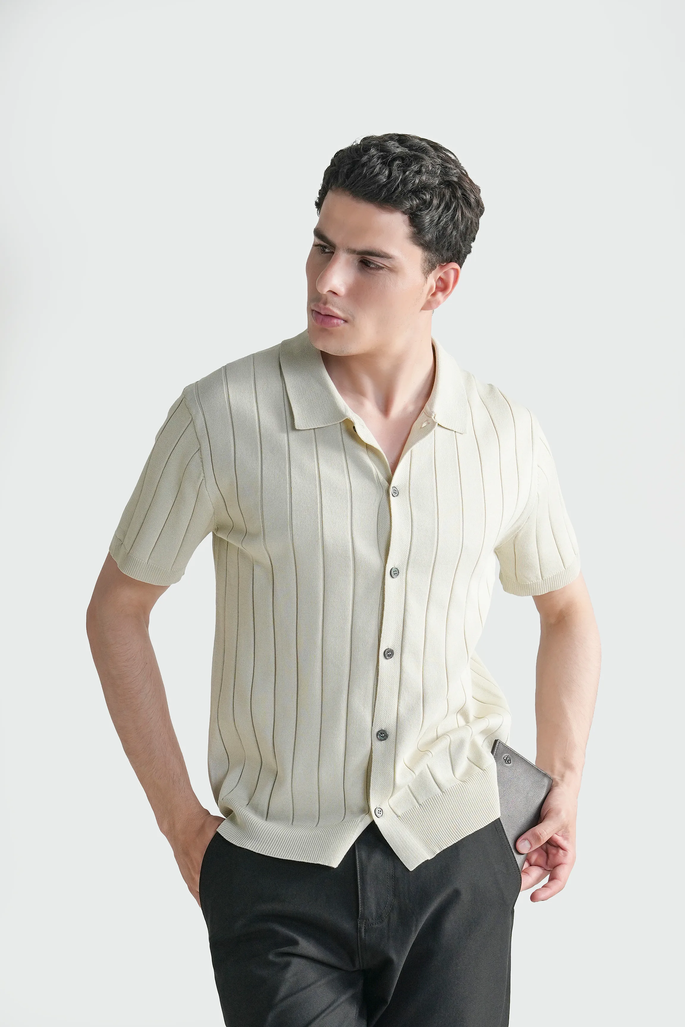 HALF SLEEVE CABLE KNIT CASUAL SHIRT BEIGE - Image 3