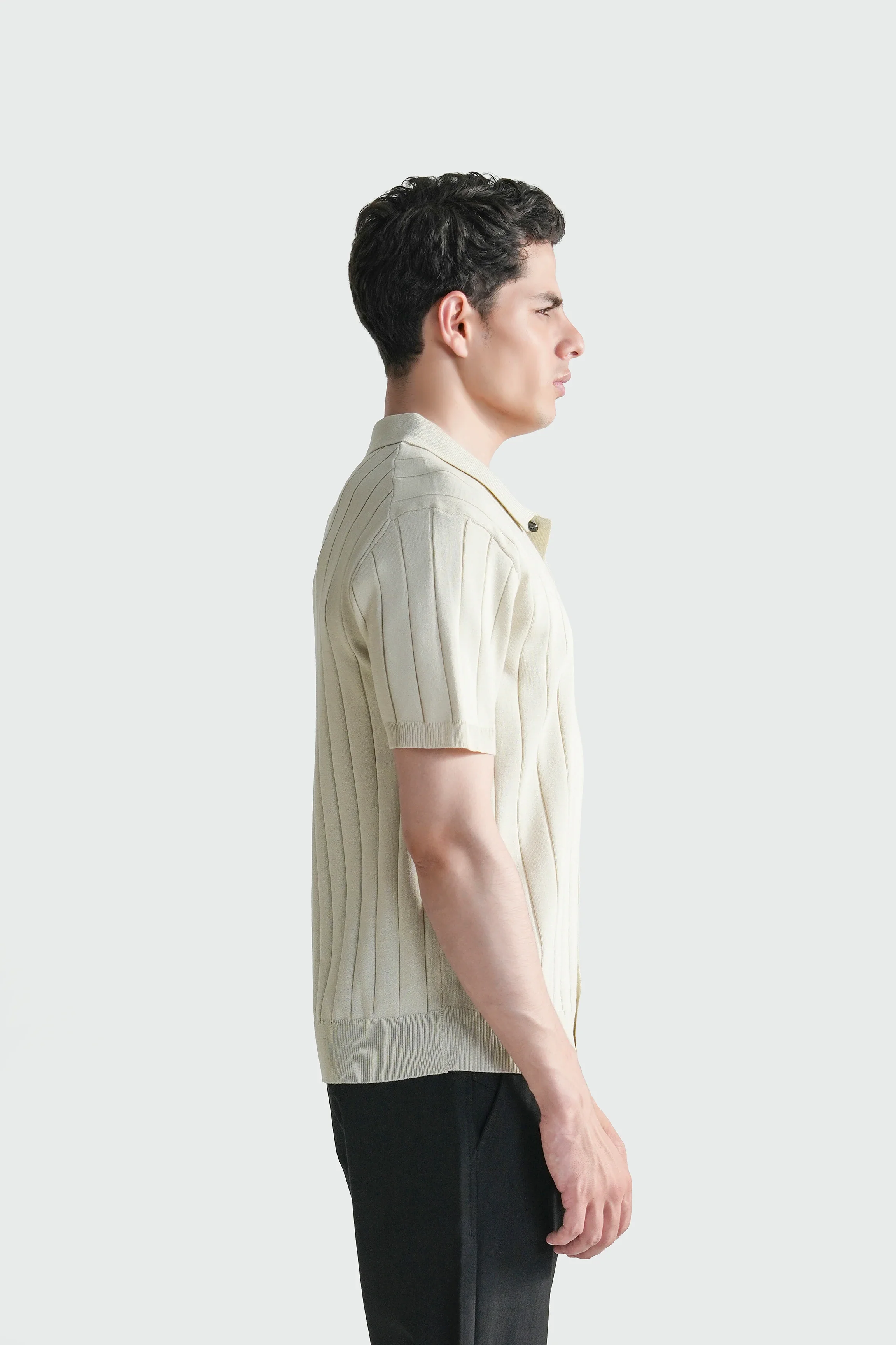 HALF SLEEVE CABLE KNIT CASUAL SHIRT BEIGE - Image 5