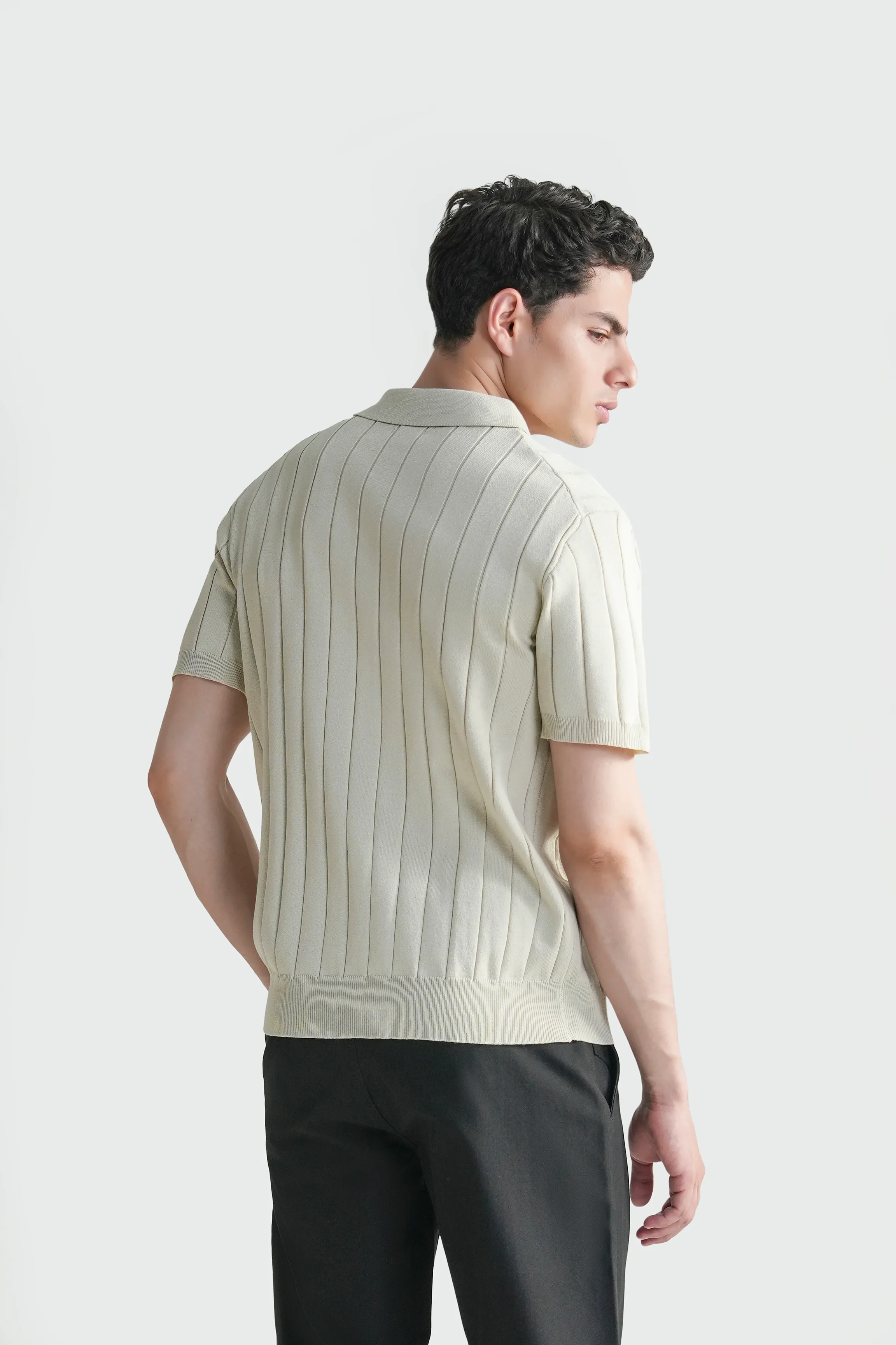 HALF SLEEVE CABLE KNIT CASUAL SHIRT BEIGE - Image 7
