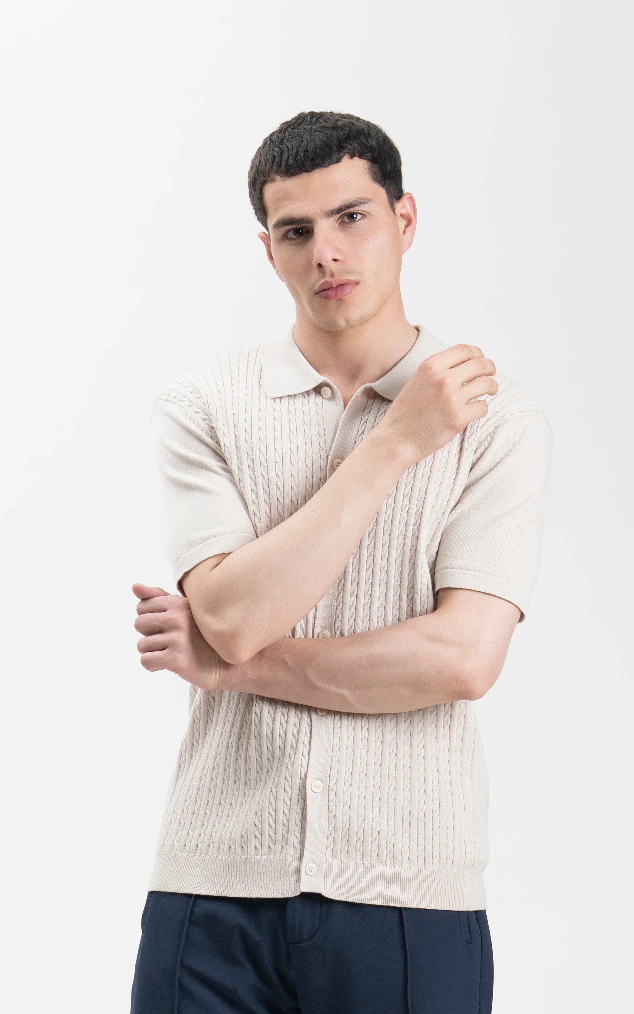 HALF SLEEVE CABLE KNIT CASUAL SHIRT BEIGE - Image 3