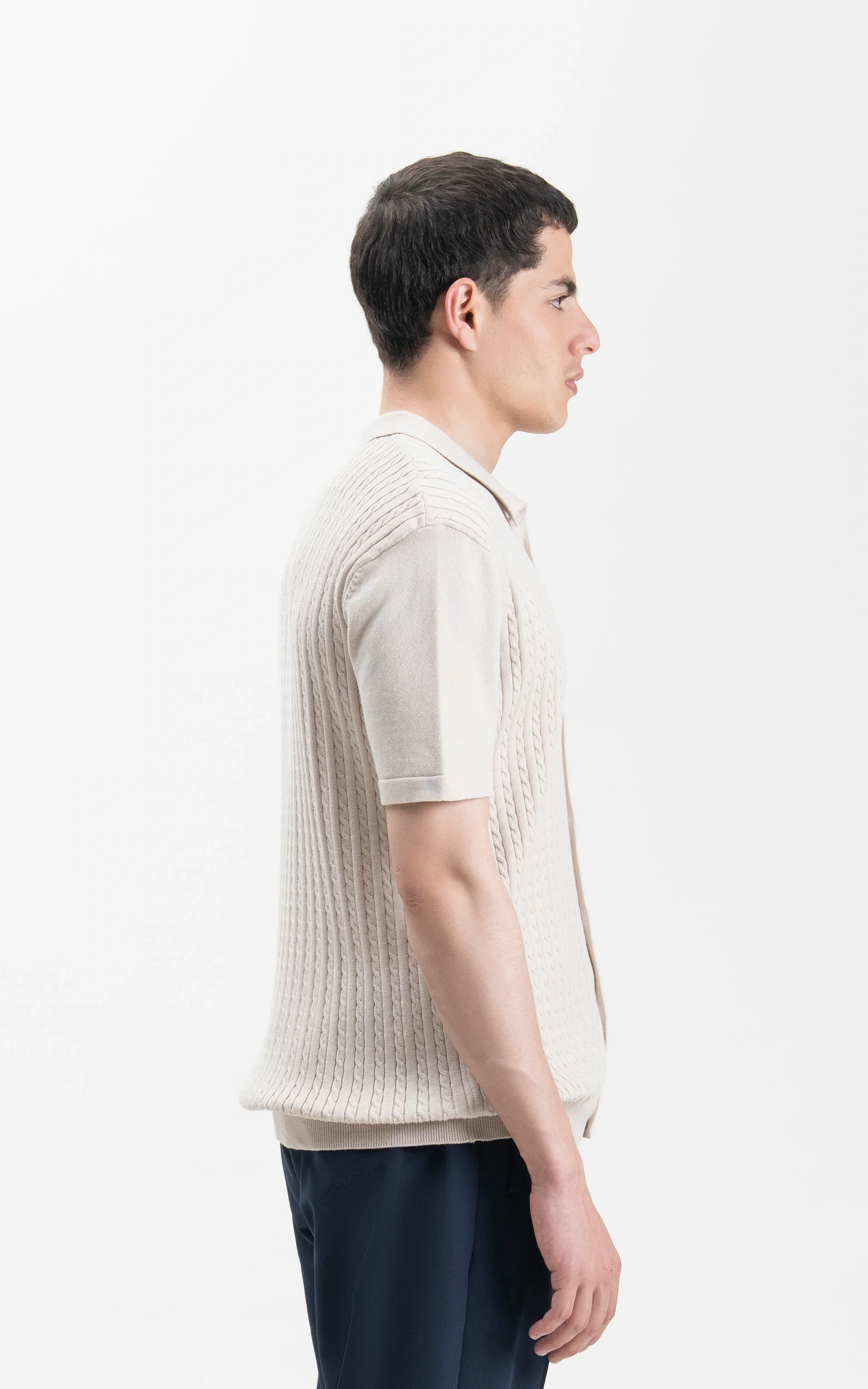 HALF SLEEVE CABLE KNIT CASUAL SHIRT BEIGE - Image 4