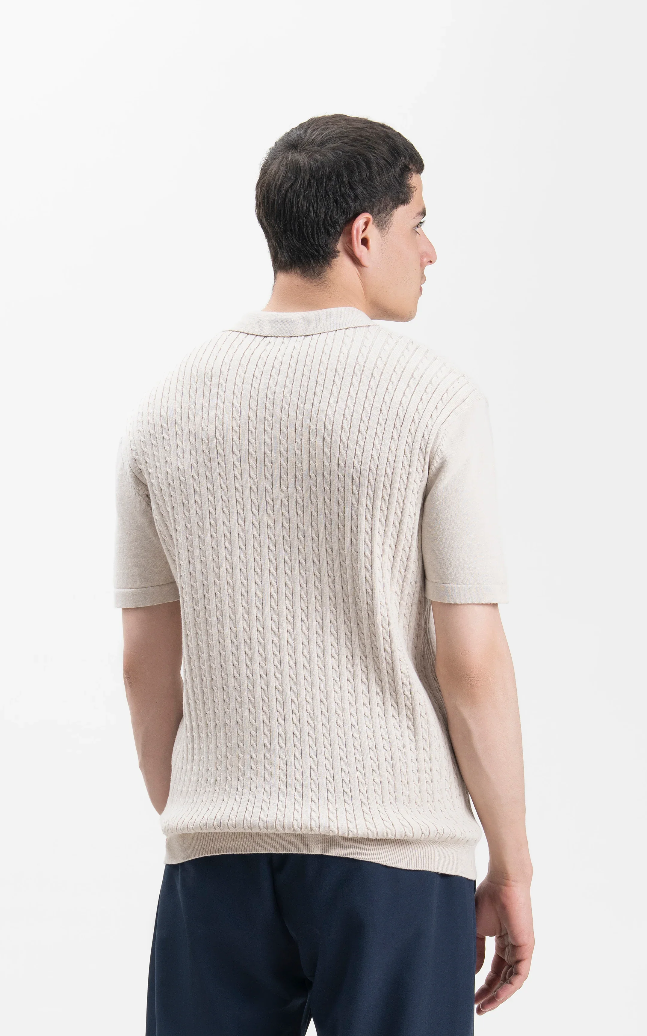 HALF SLEEVE CABLE KNIT CASUAL SHIRT BEIGE - Image 5