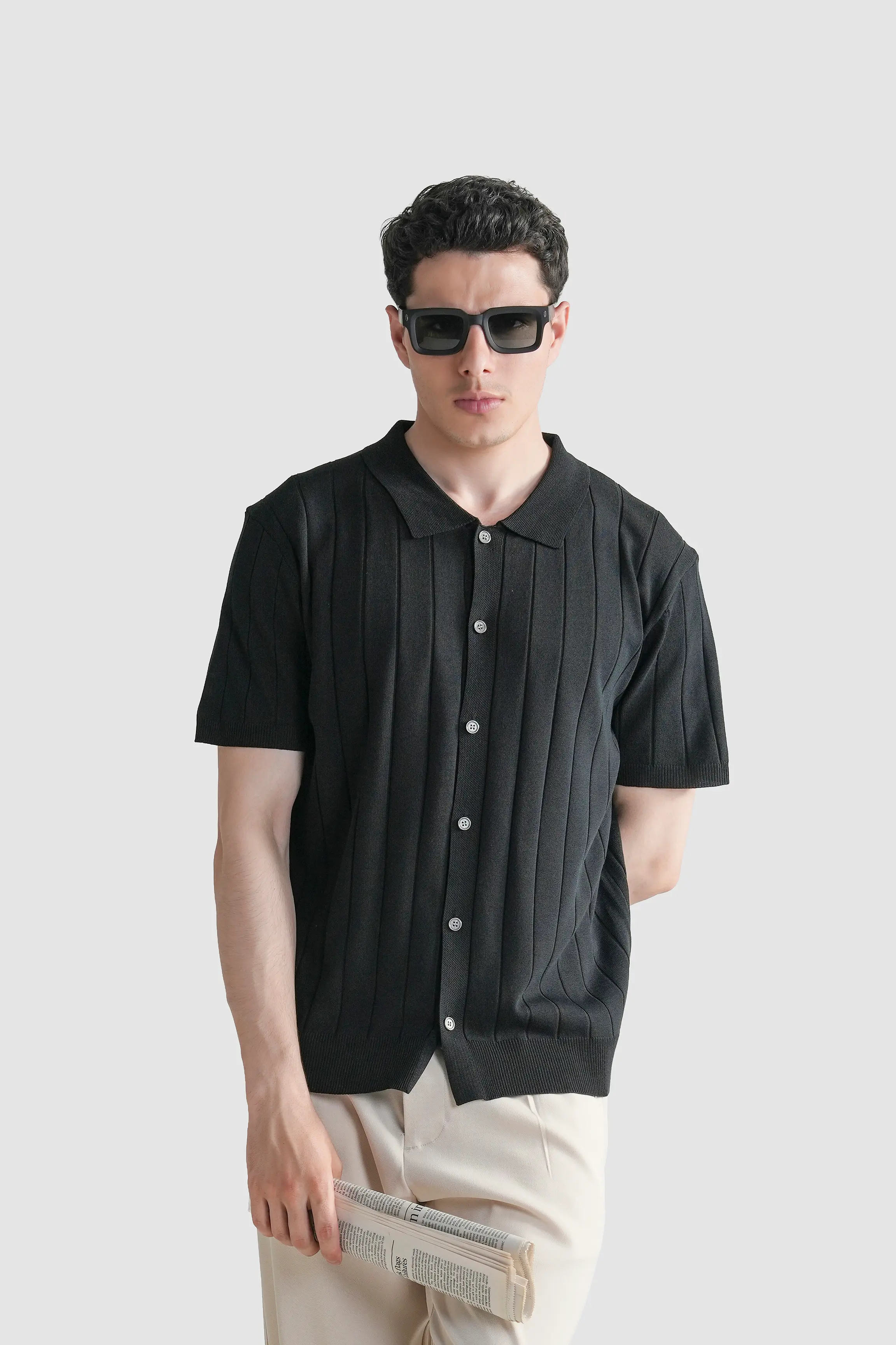 HALF SLEEVE CABLE KNIT CASUAL SHIRT BLACK - Image 3