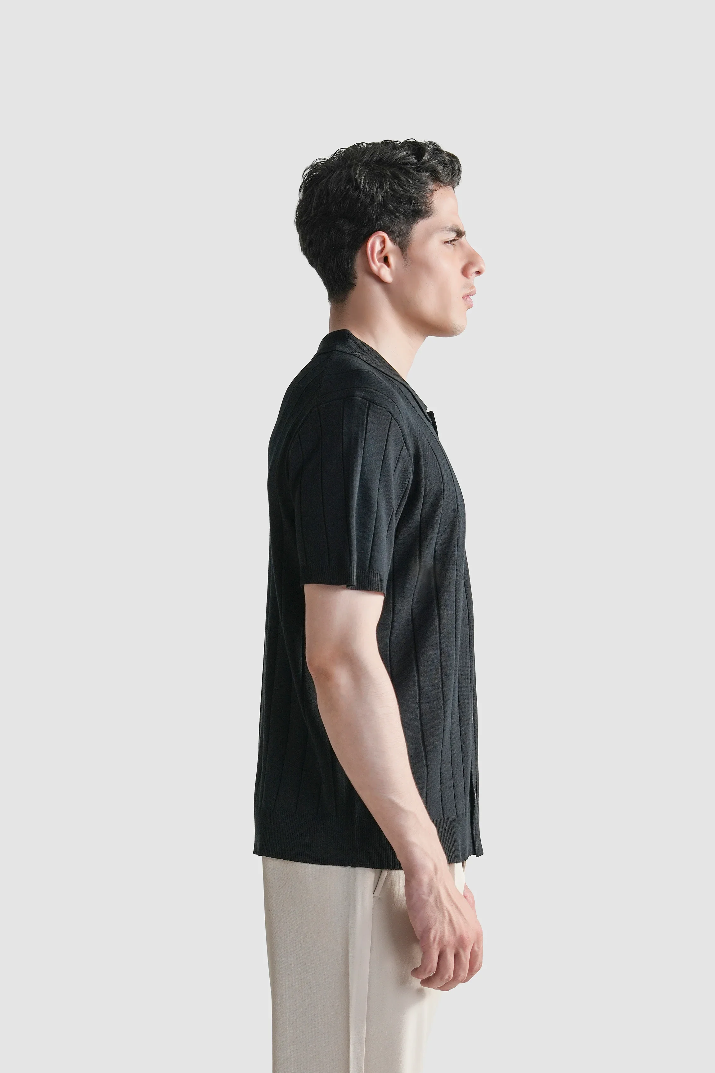 HALF SLEEVE CABLE KNIT CASUAL SHIRT BLACK - Image 5