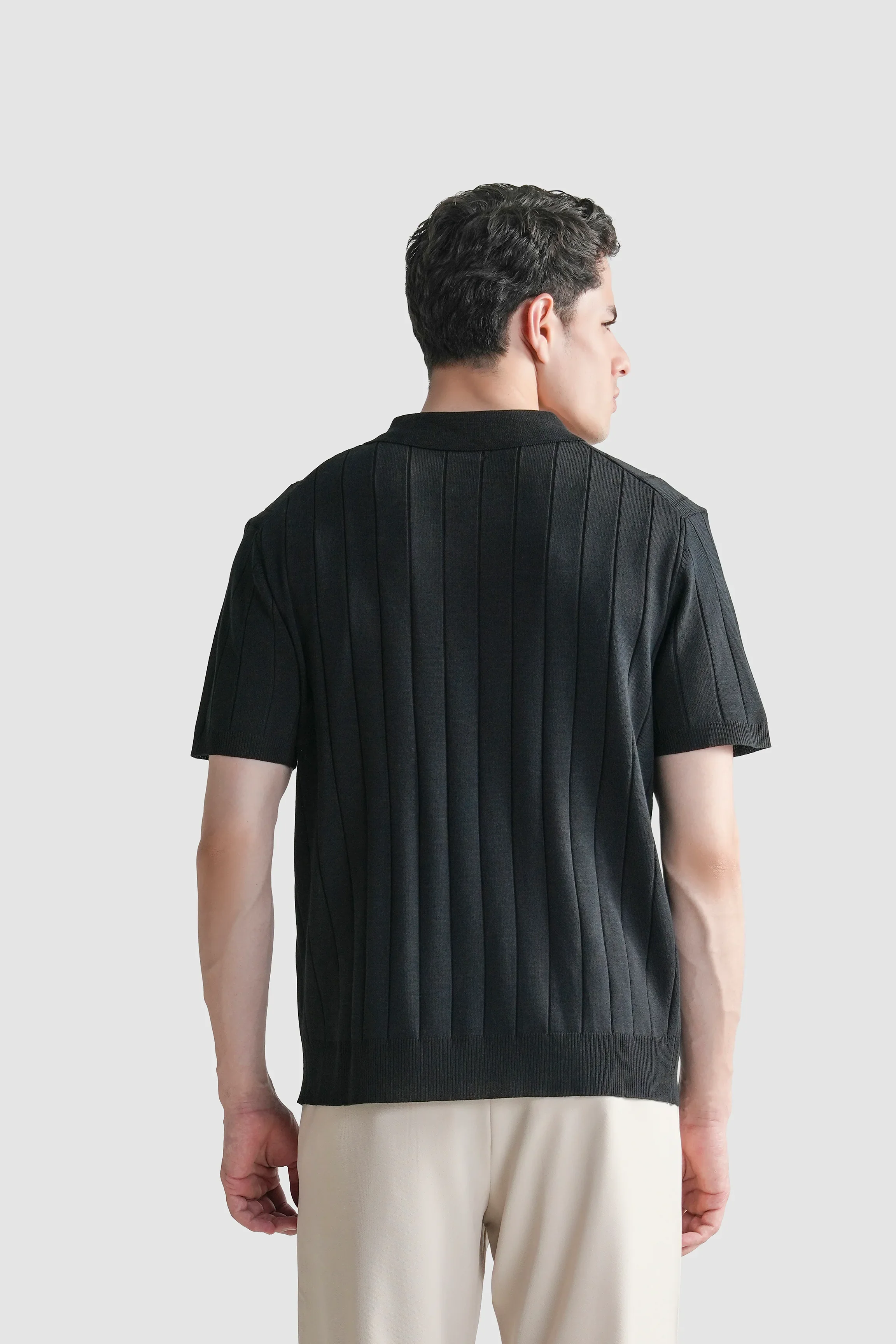 HALF SLEEVE CABLE KNIT CASUAL SHIRT BLACK - Image 7