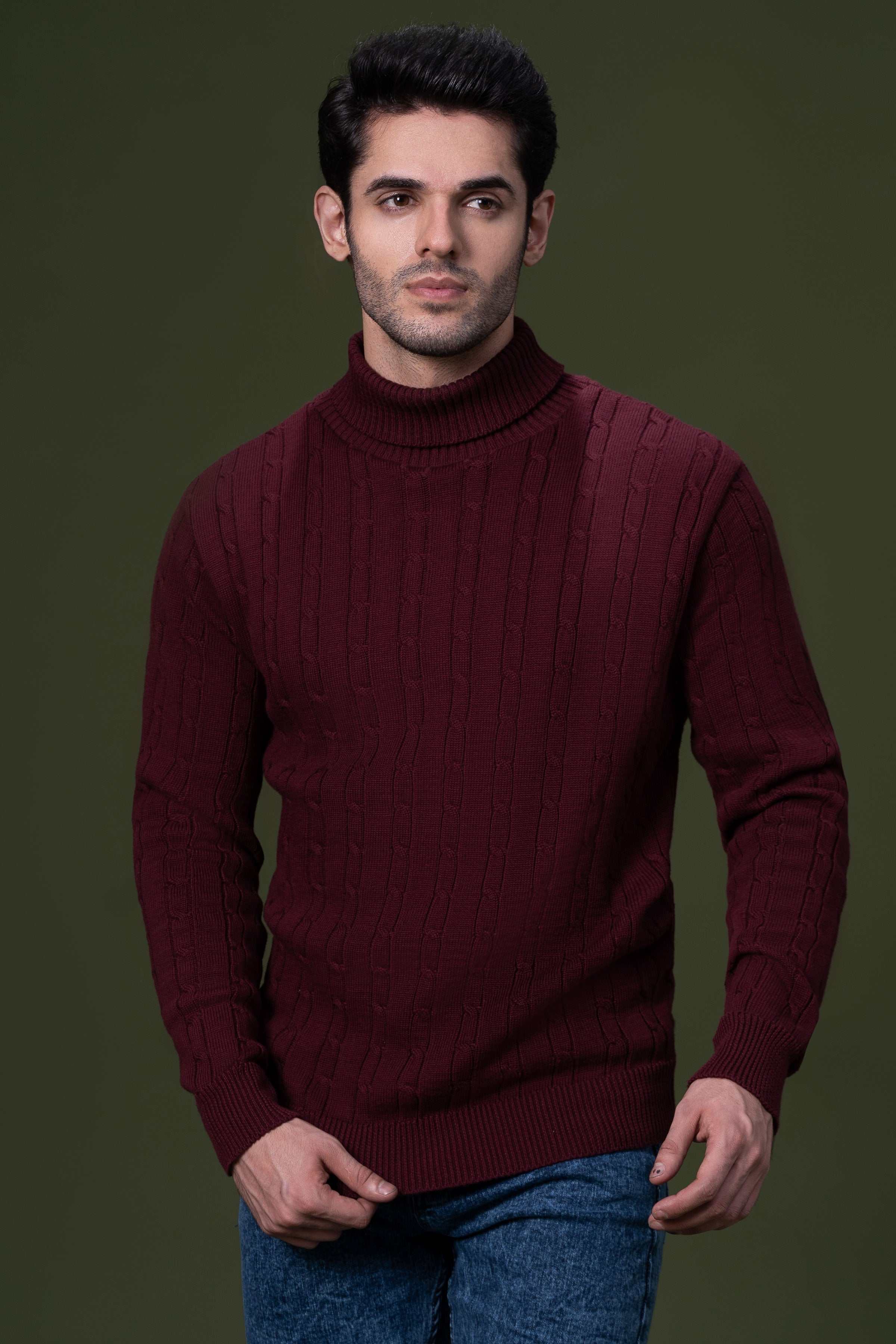 HIGH NECK CABLE SWEATER MAROON - Image 2