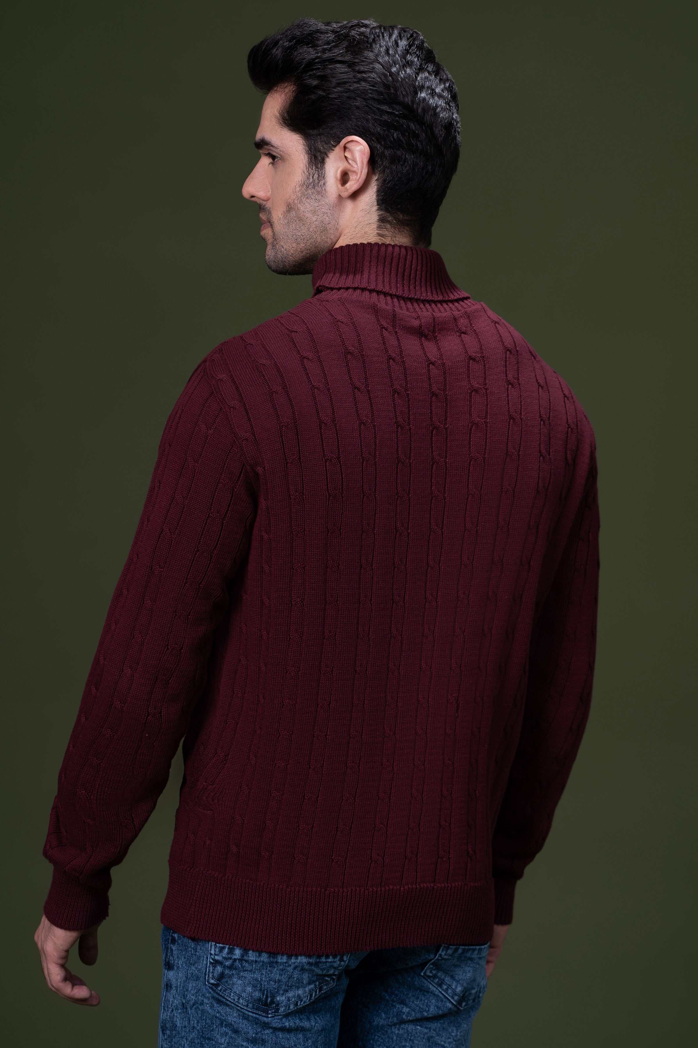 HIGH NECK CABLE SWEATER MAROON - Image 3