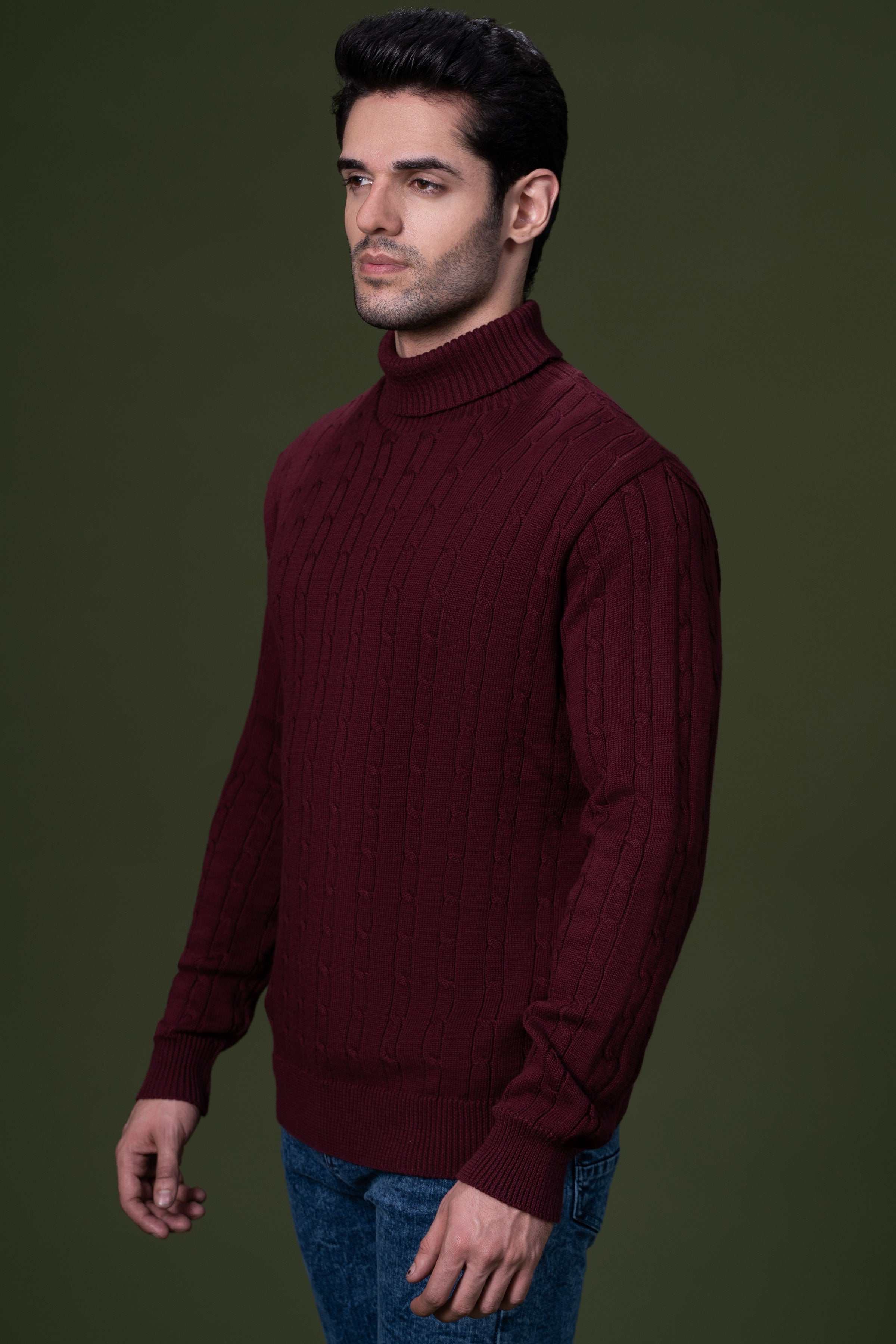 HIGH NECK CABLE SWEATER MAROON - Image 4