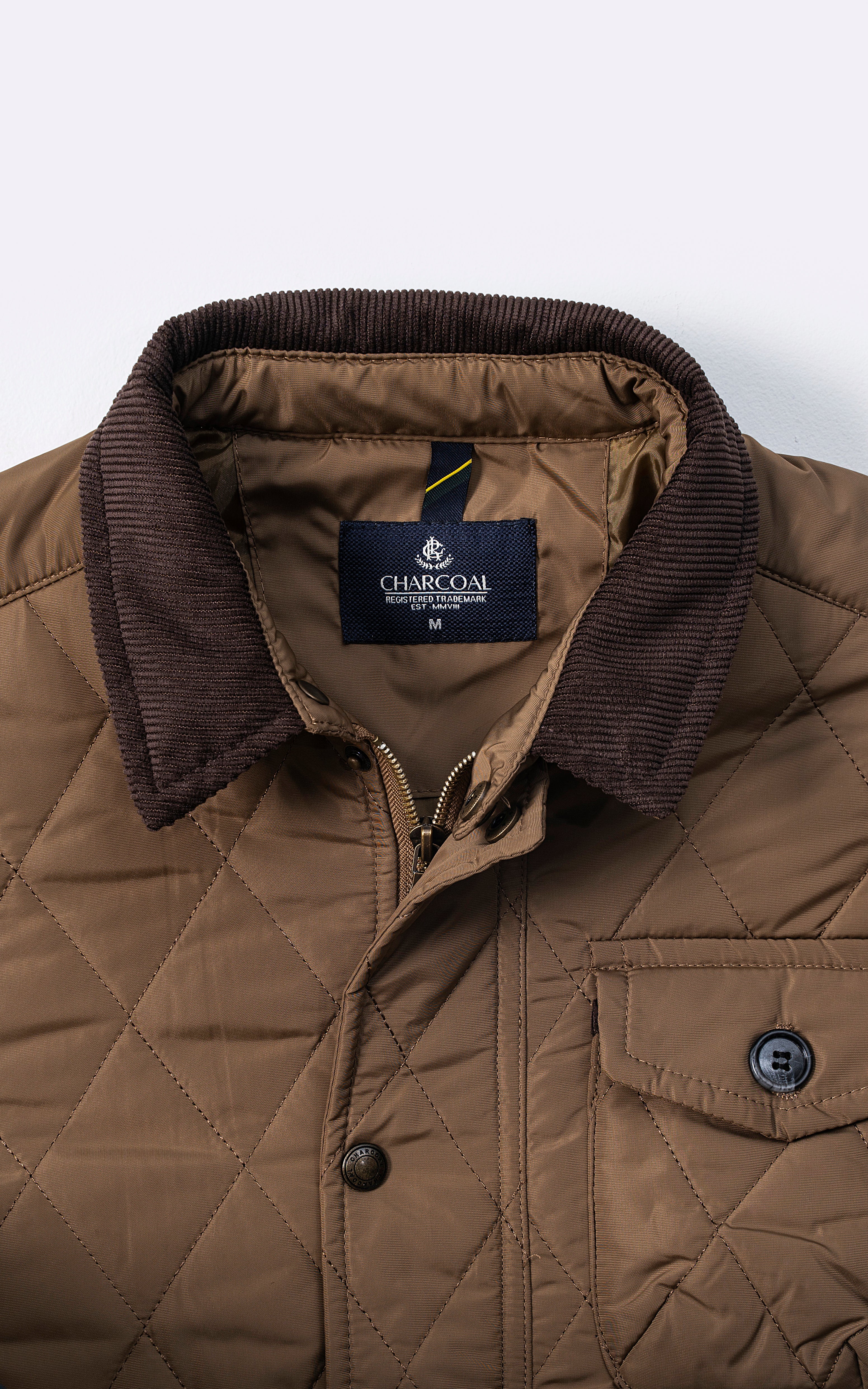 CORDUROY COLLAR QUILTED JACKET FULL SLEEVE KHAKI - Image 2