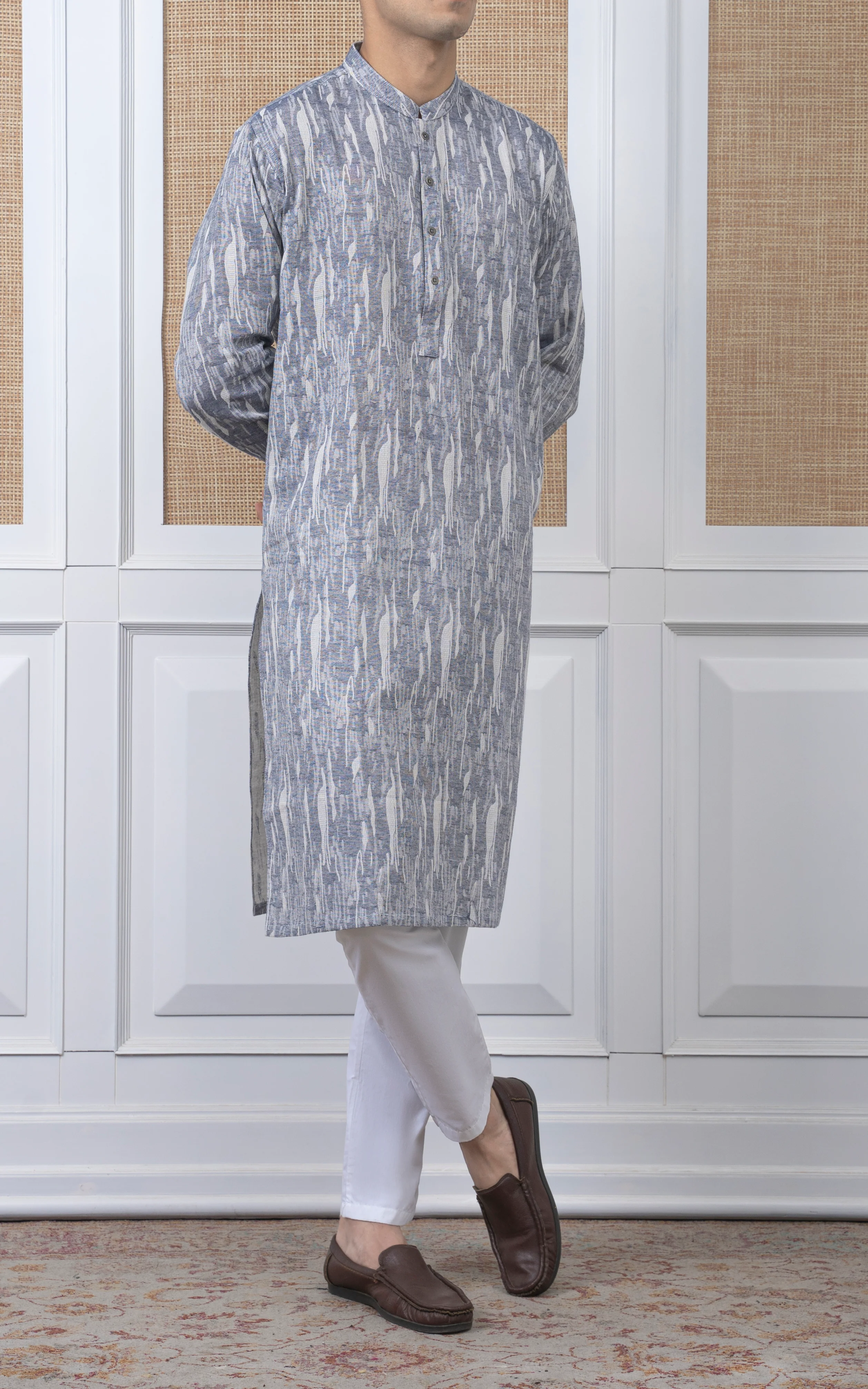 JACQUARD COTTON KURTA - SIGNATURE COLLECTION  BLUE WHITE - Image 5