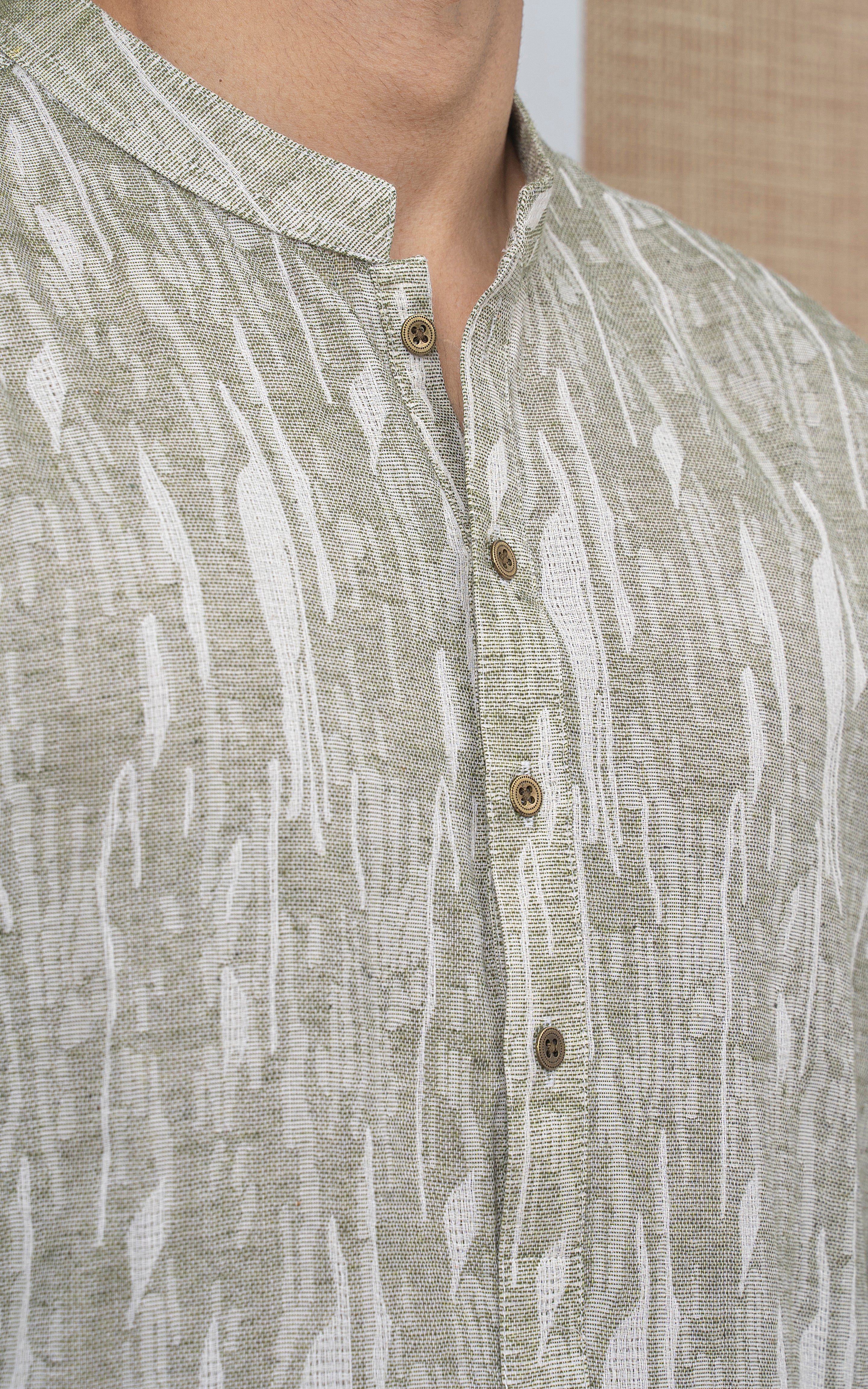 JACQUARD COTTON KURTA - SIGNATURE COLLECTION GREEN WHITE - Image 2