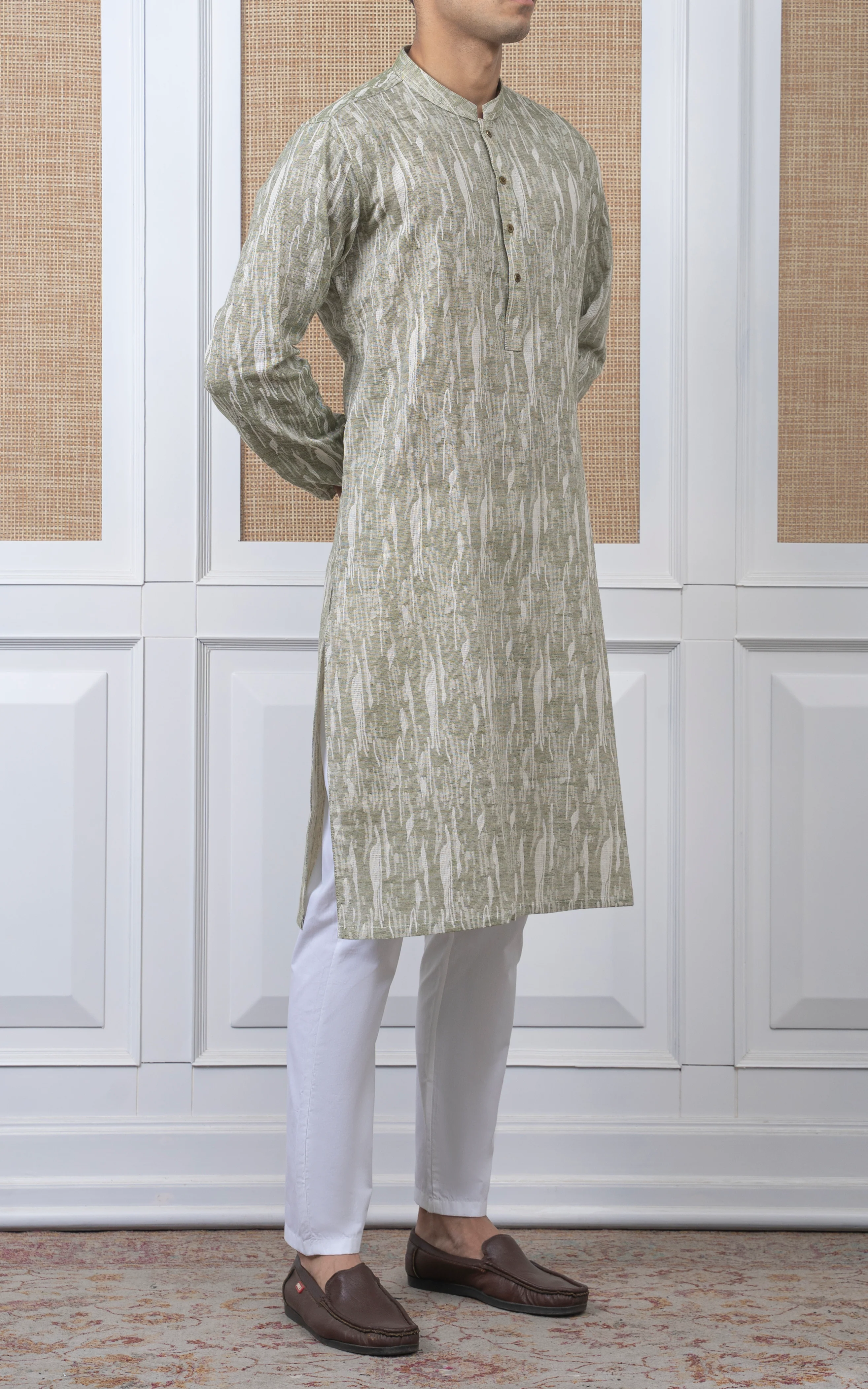 JACQUARD COTTON KURTA - SIGNATURE COLLECTION GREEN WHITE - Image 5