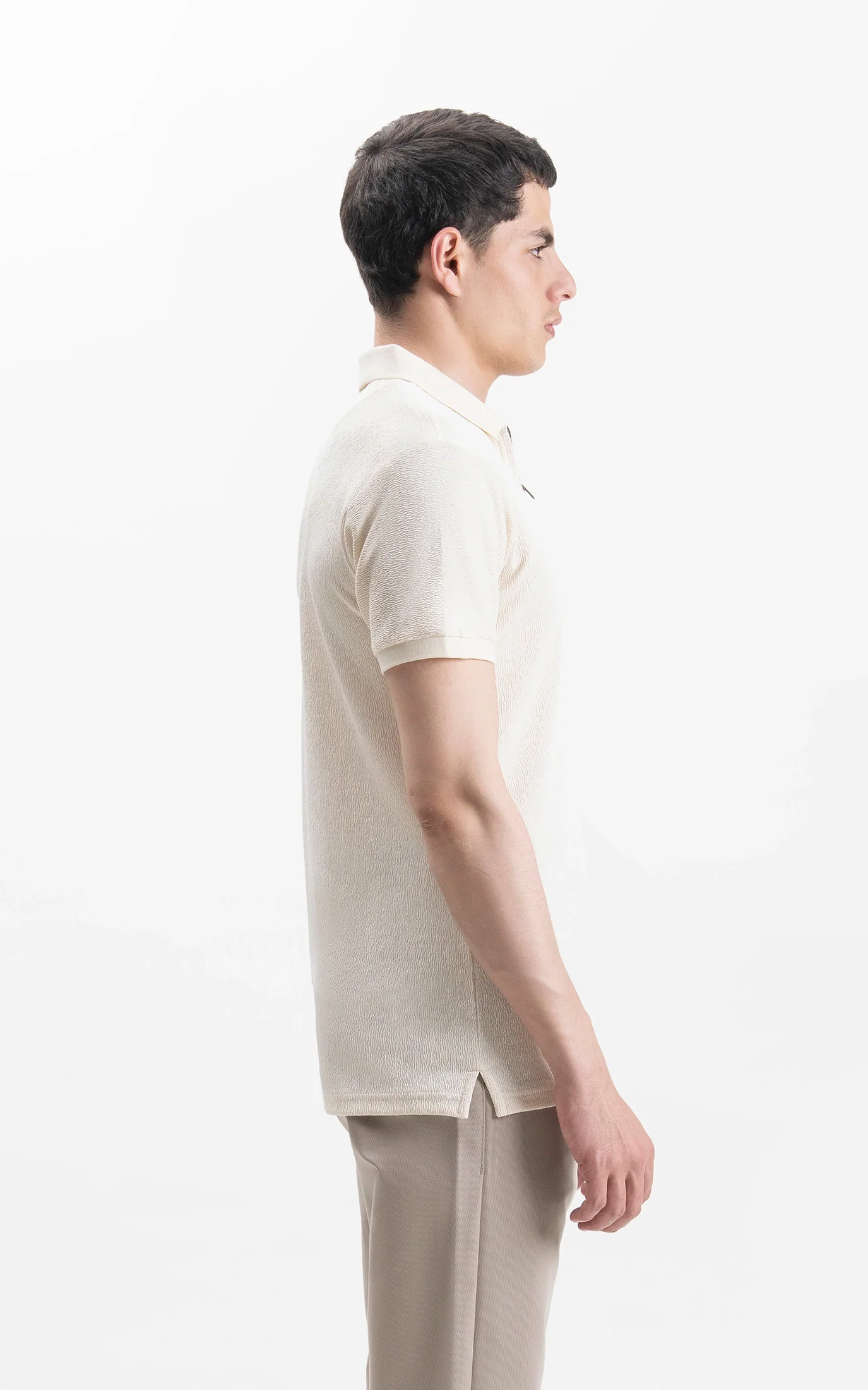 JACQUARD TEXTURED ZIP POLO SHIRT BEIGE - Image 6