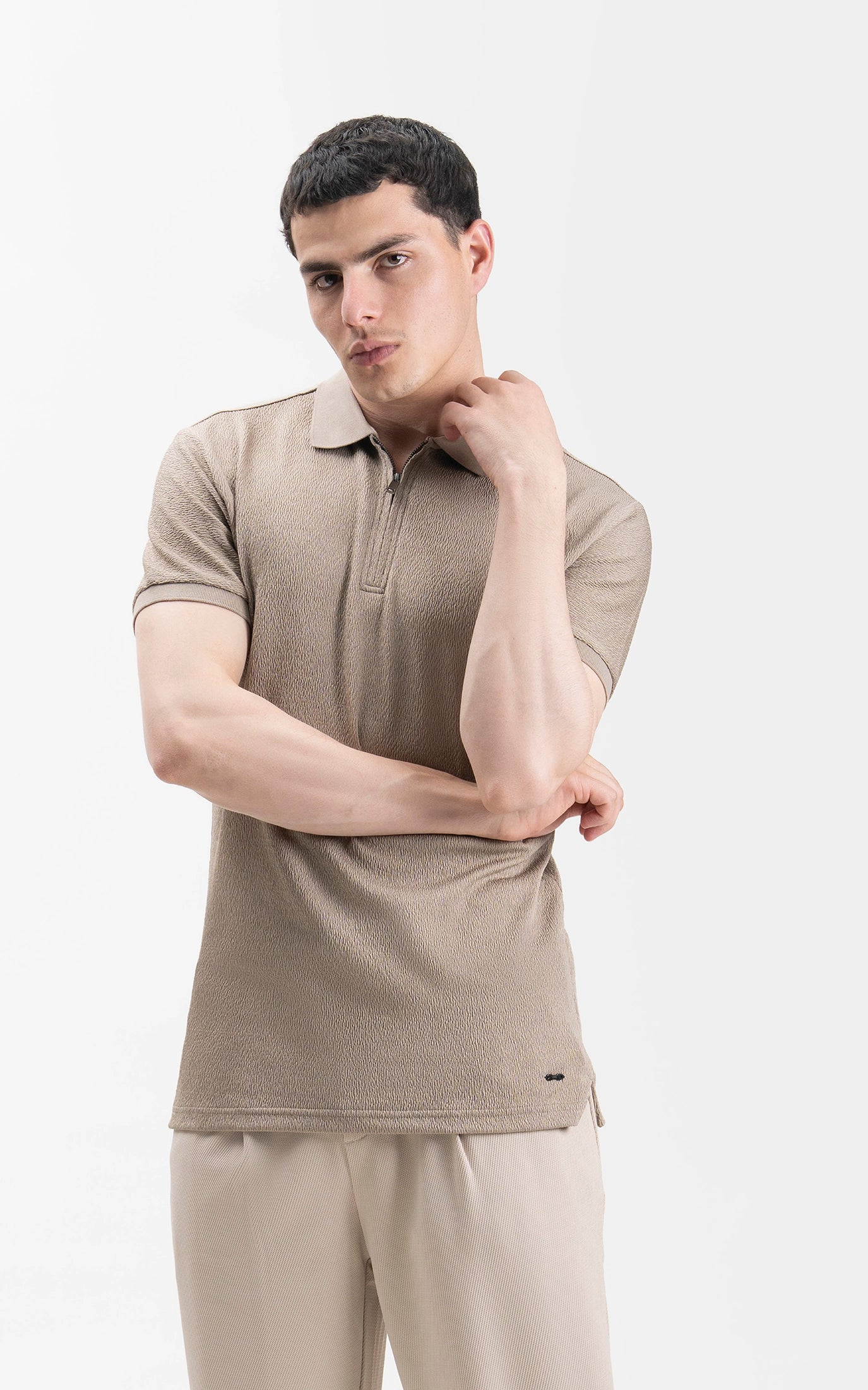 JACQUARD TEXTURED ZIP POLO SHIRT KHAKI - Image 3
