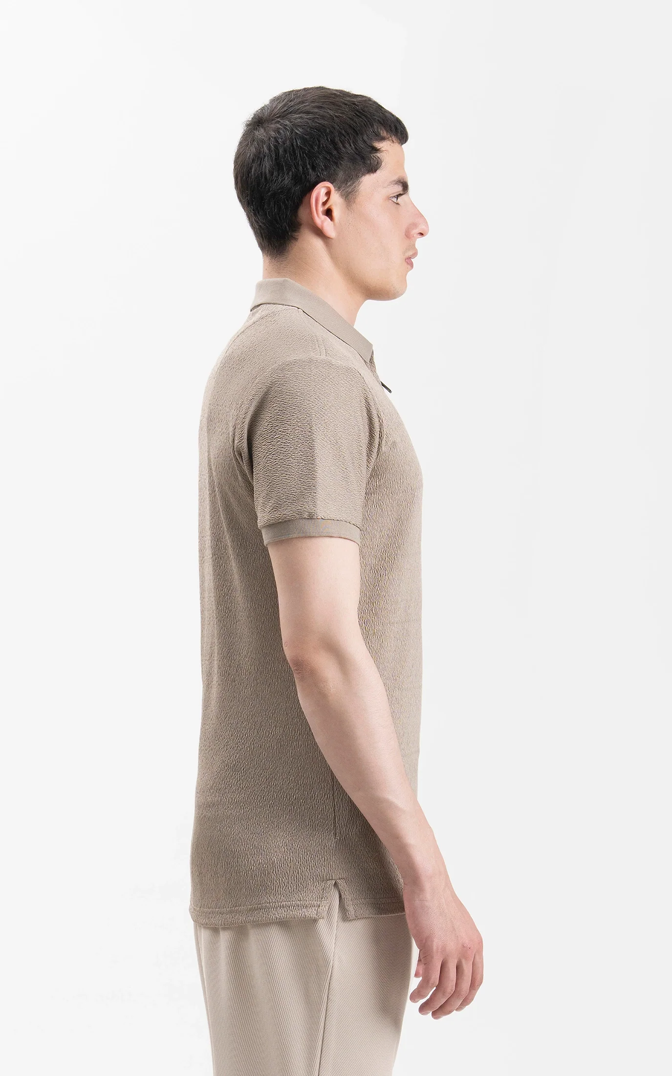 JACQUARD TEXTURED ZIP POLO SHIRT KHAKI - Image 4