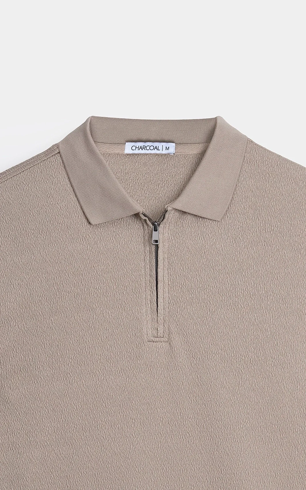 JACQUARD TEXTURED ZIP POLO SHIRT KHAKI - Image 5