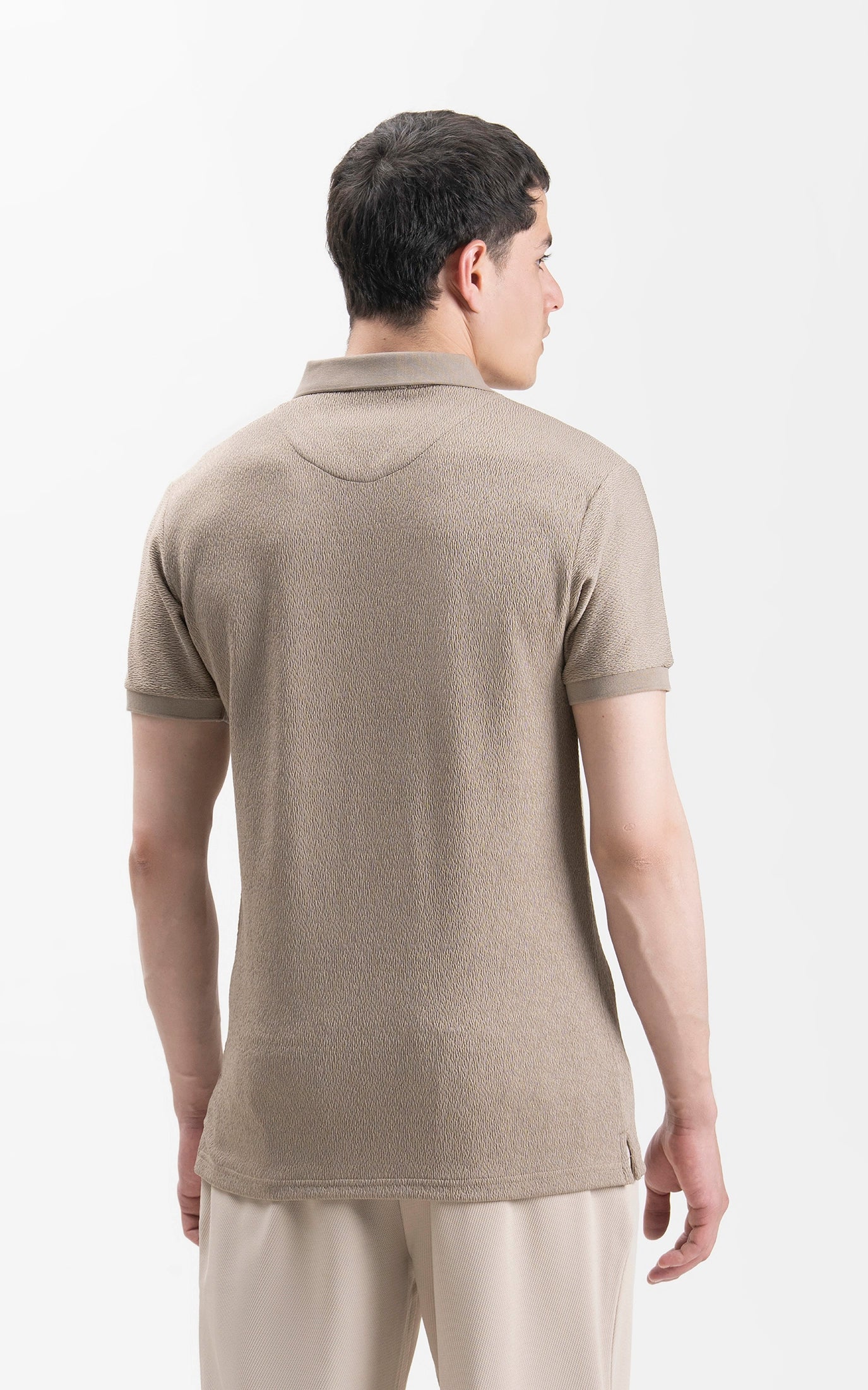 JACQUARD TEXTURED ZIP POLO SHIRT KHAKI - Image 7