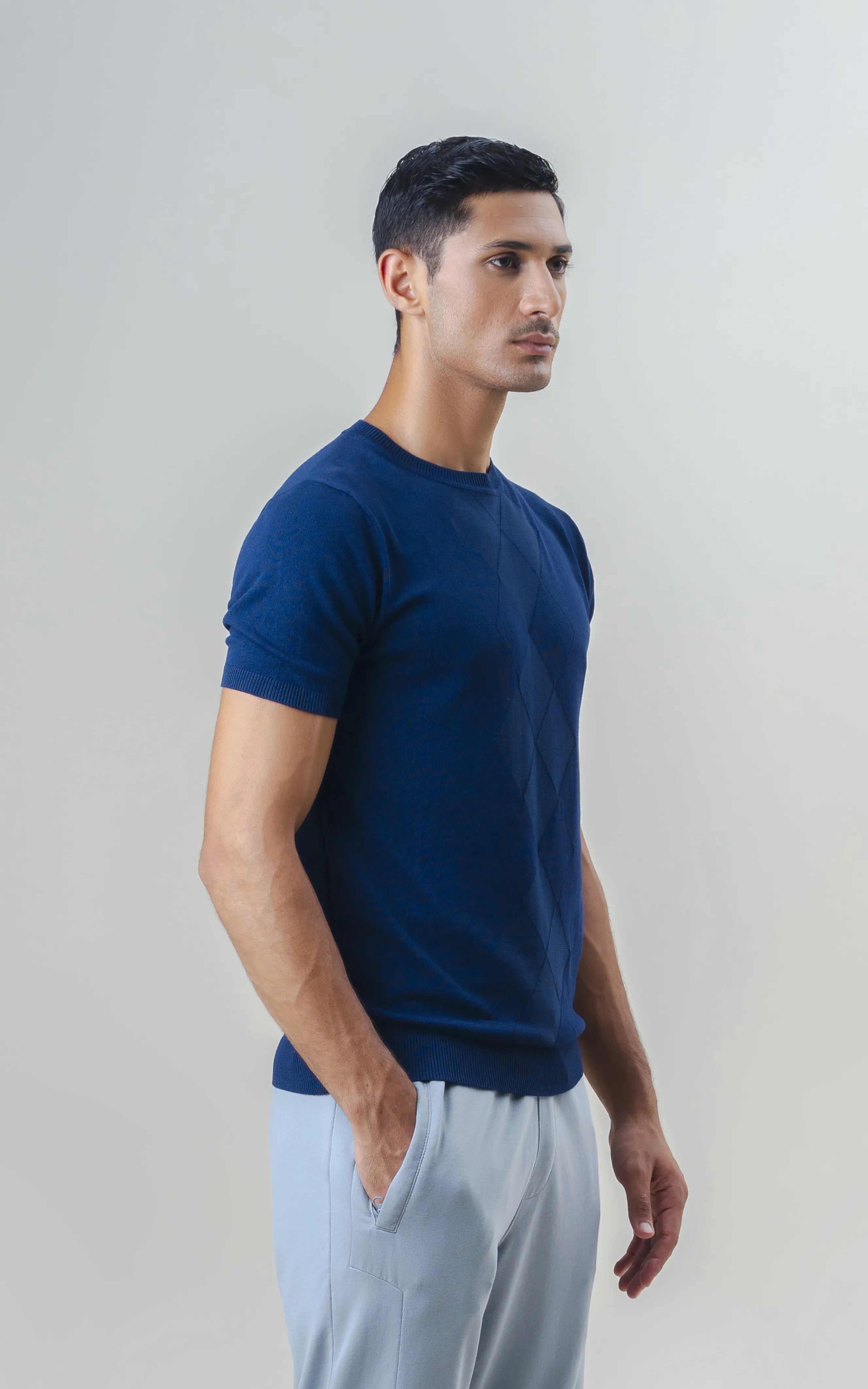 KNITTED CREW NECK T SHIRT DARK BLUE - Image 5