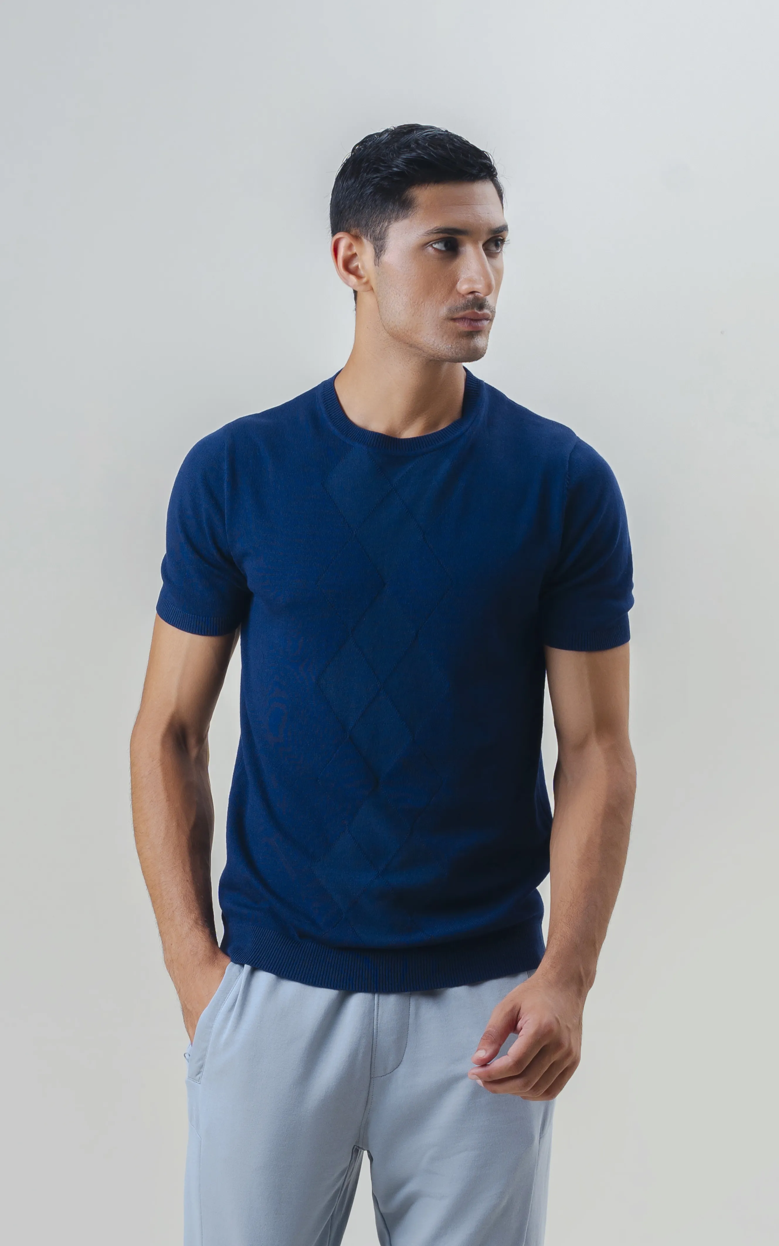KNITTED CREW NECK T SHIRT DARK BLUE - Image 7