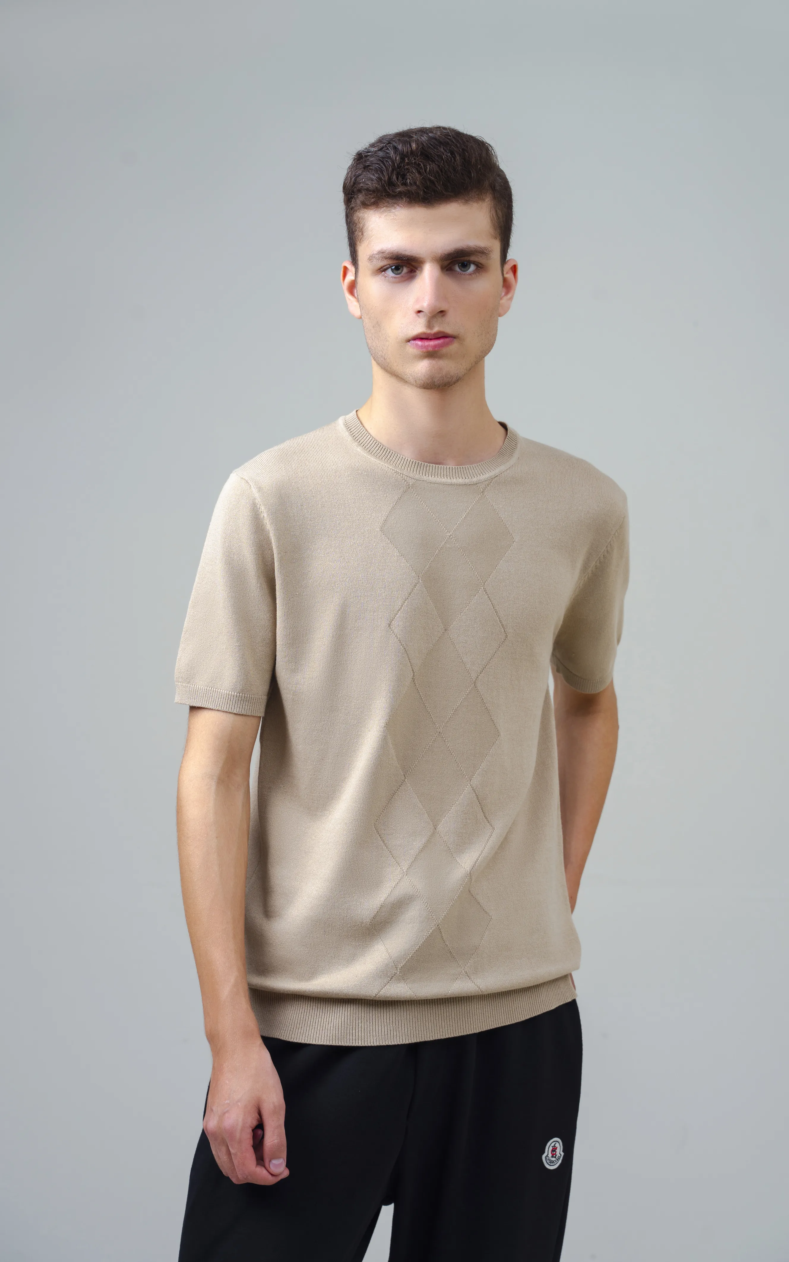 KNITTED CREW NECK T SHIRT KHAKI - Image 3