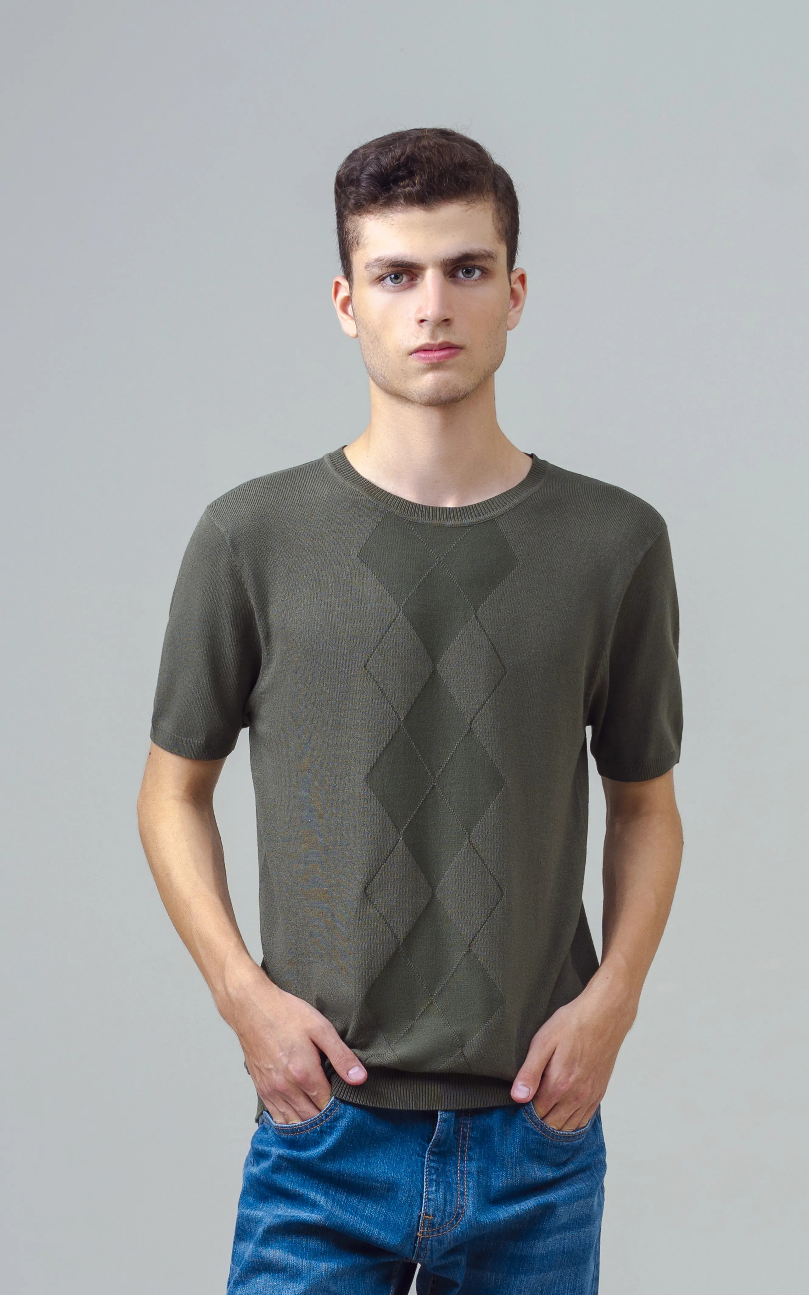 KNITTED CREW NECK T SHIRT OLIVE - Image 3