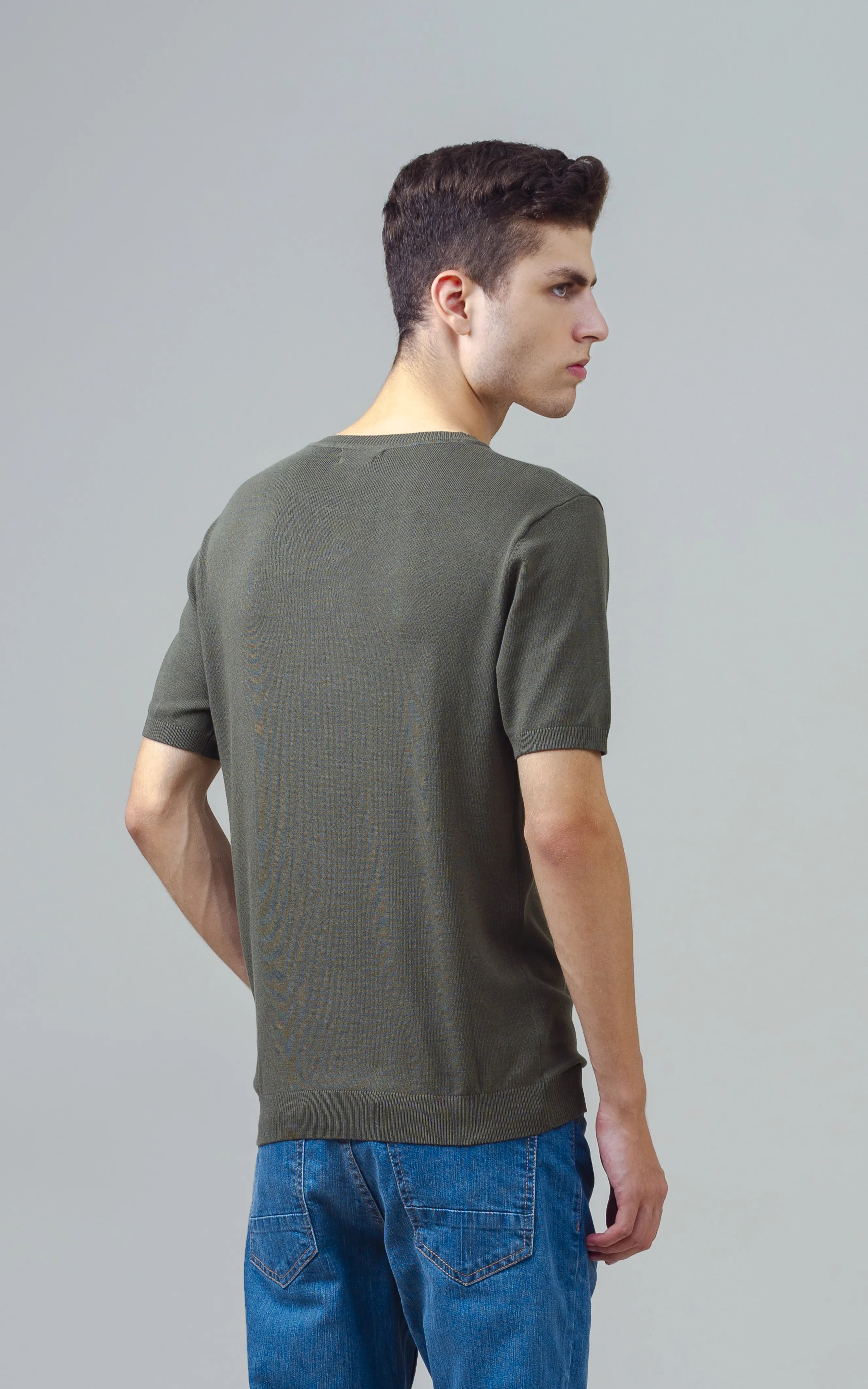 KNITTED CREW NECK T SHIRT OLIVE - Image 6