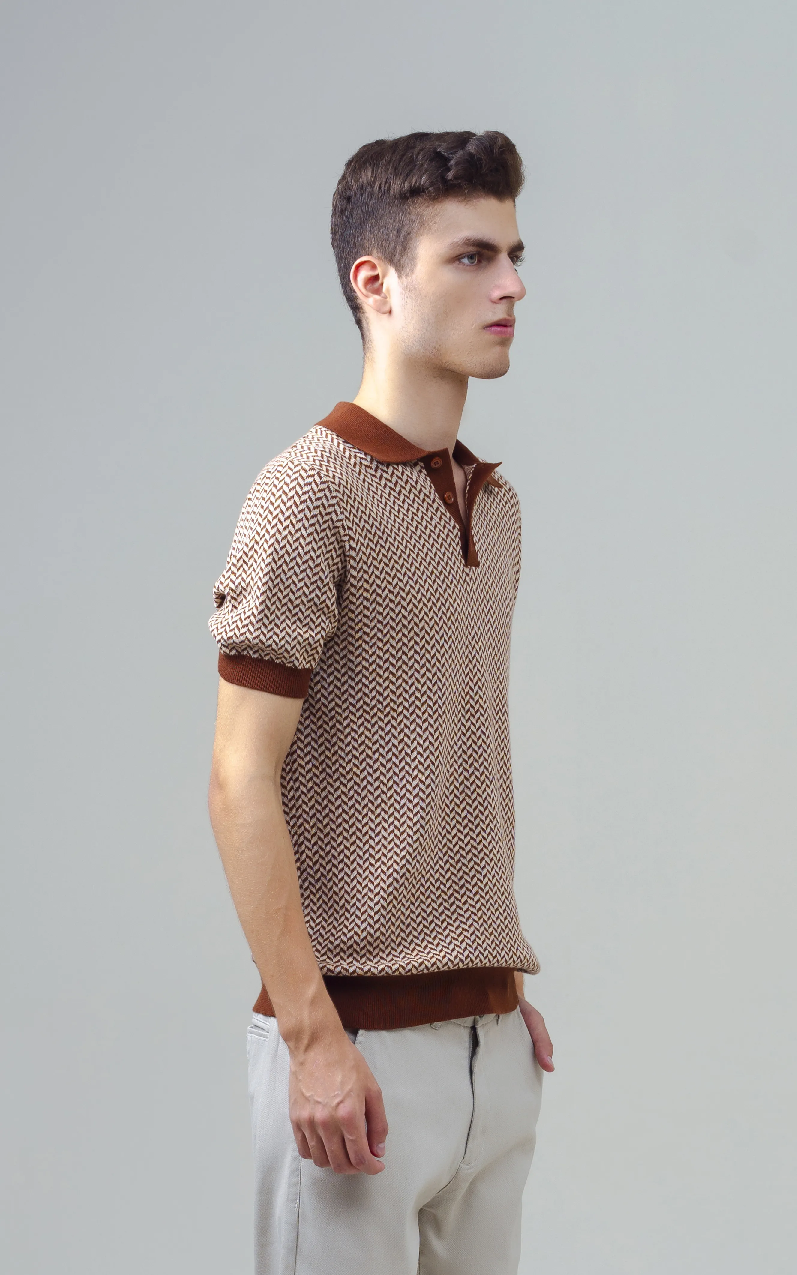 KNITTED JACQUARD  POLO BROWN - Image 4