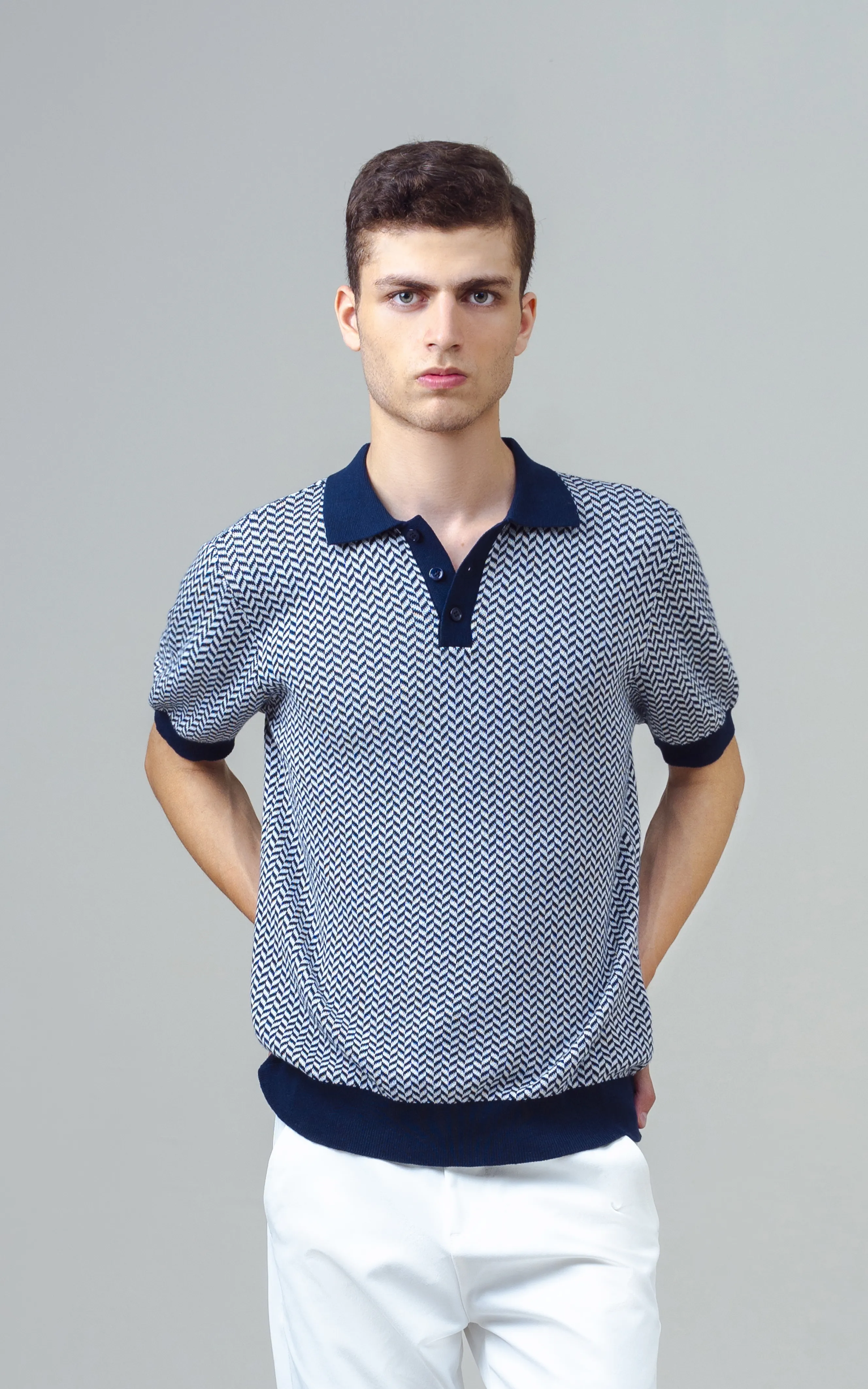 KNITTED JACQUARD POLO SHIRT NAVY - Image 3