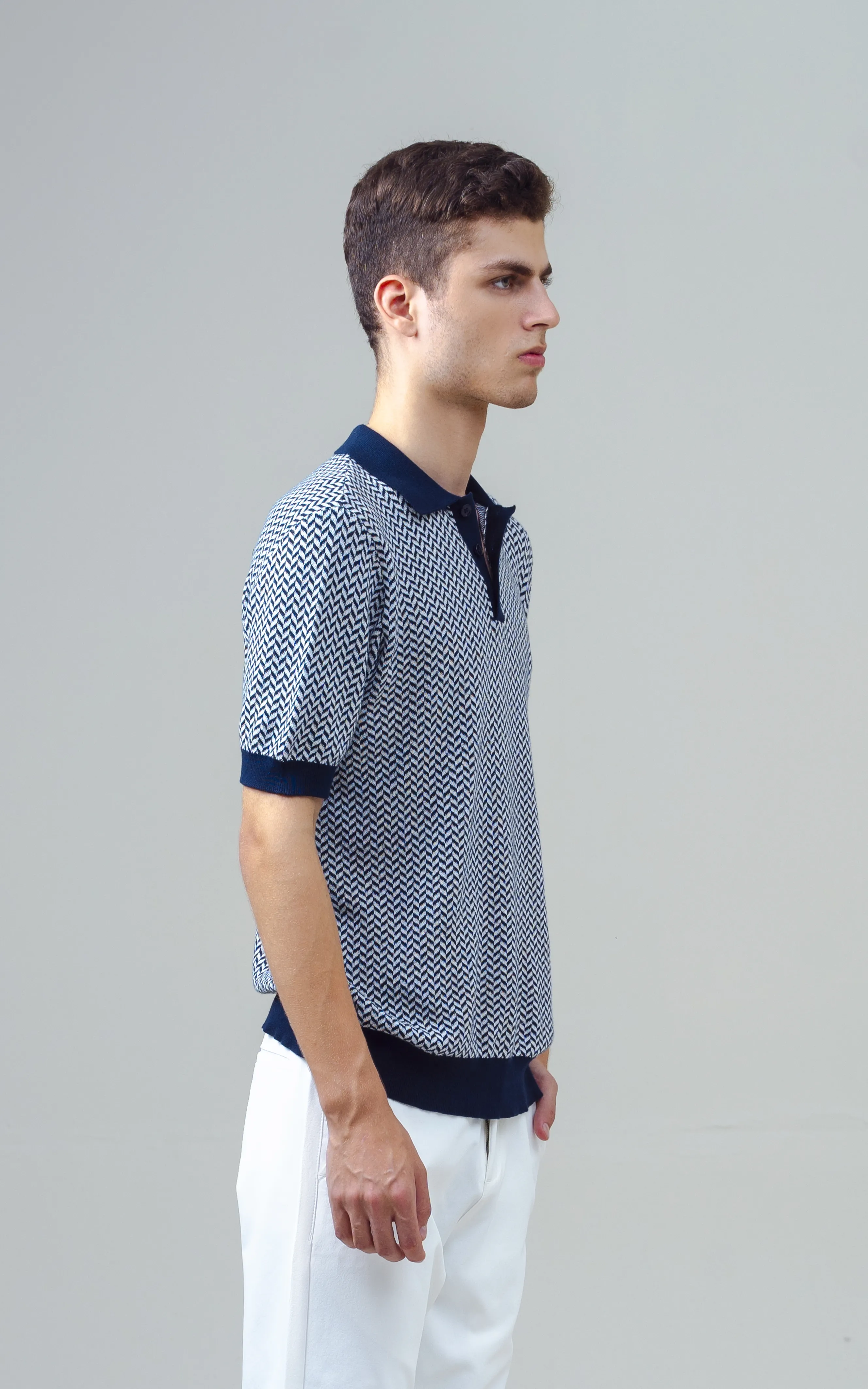 KNITTED JACQUARD POLO SHIRT NAVY - Image 4