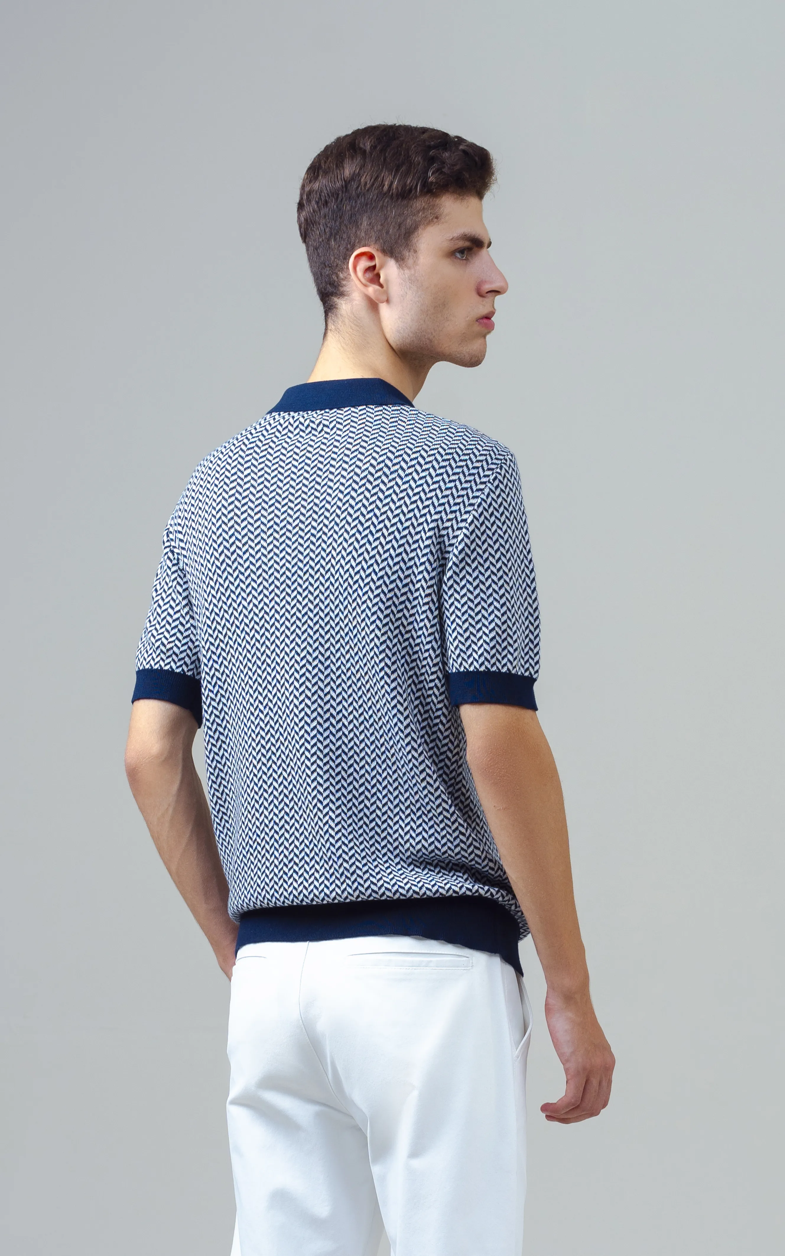 KNITTED JACQUARD POLO SHIRT NAVY - Image 5