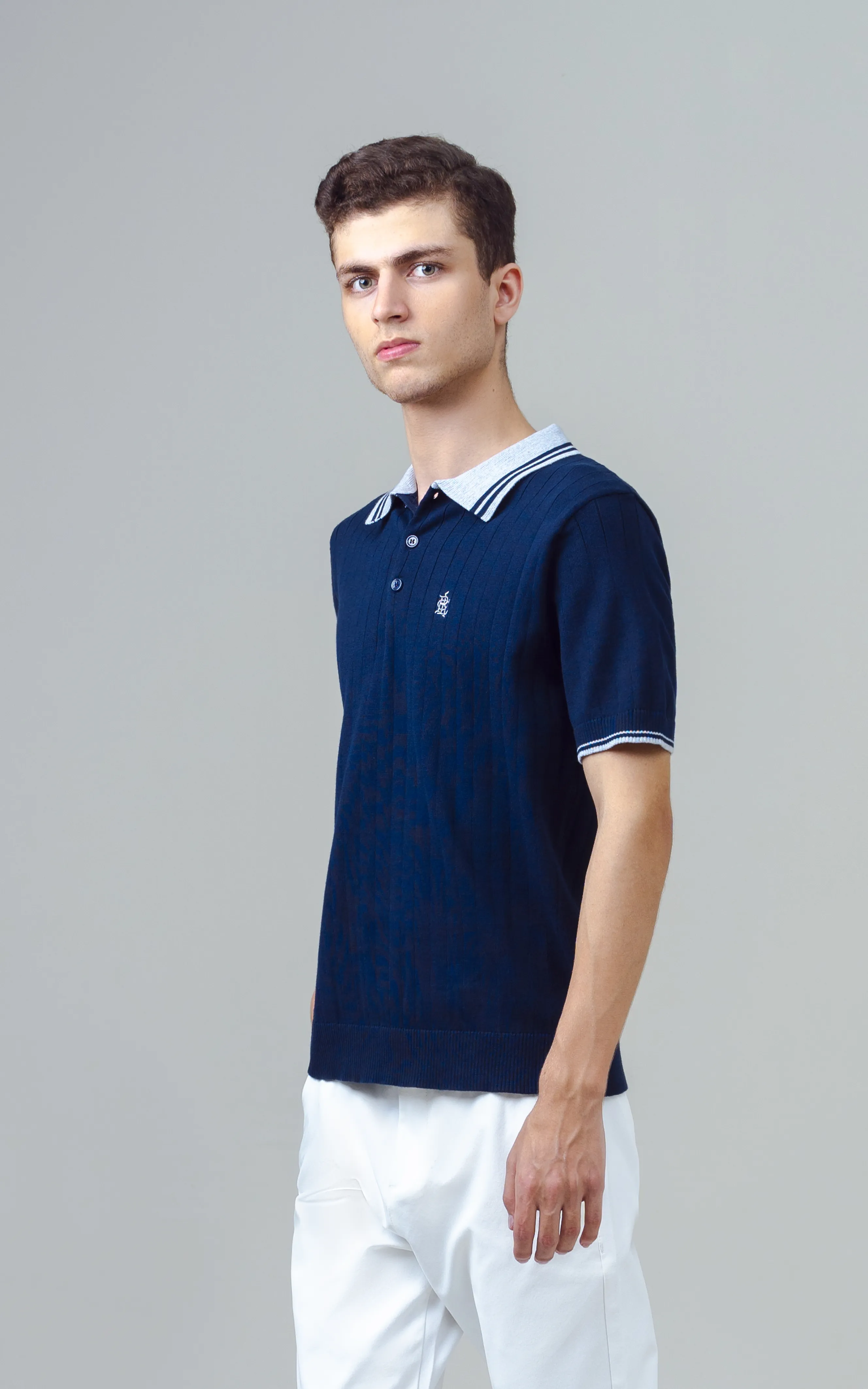 KNITTED TIPPING COLLAR POLO NAVY - Image 3