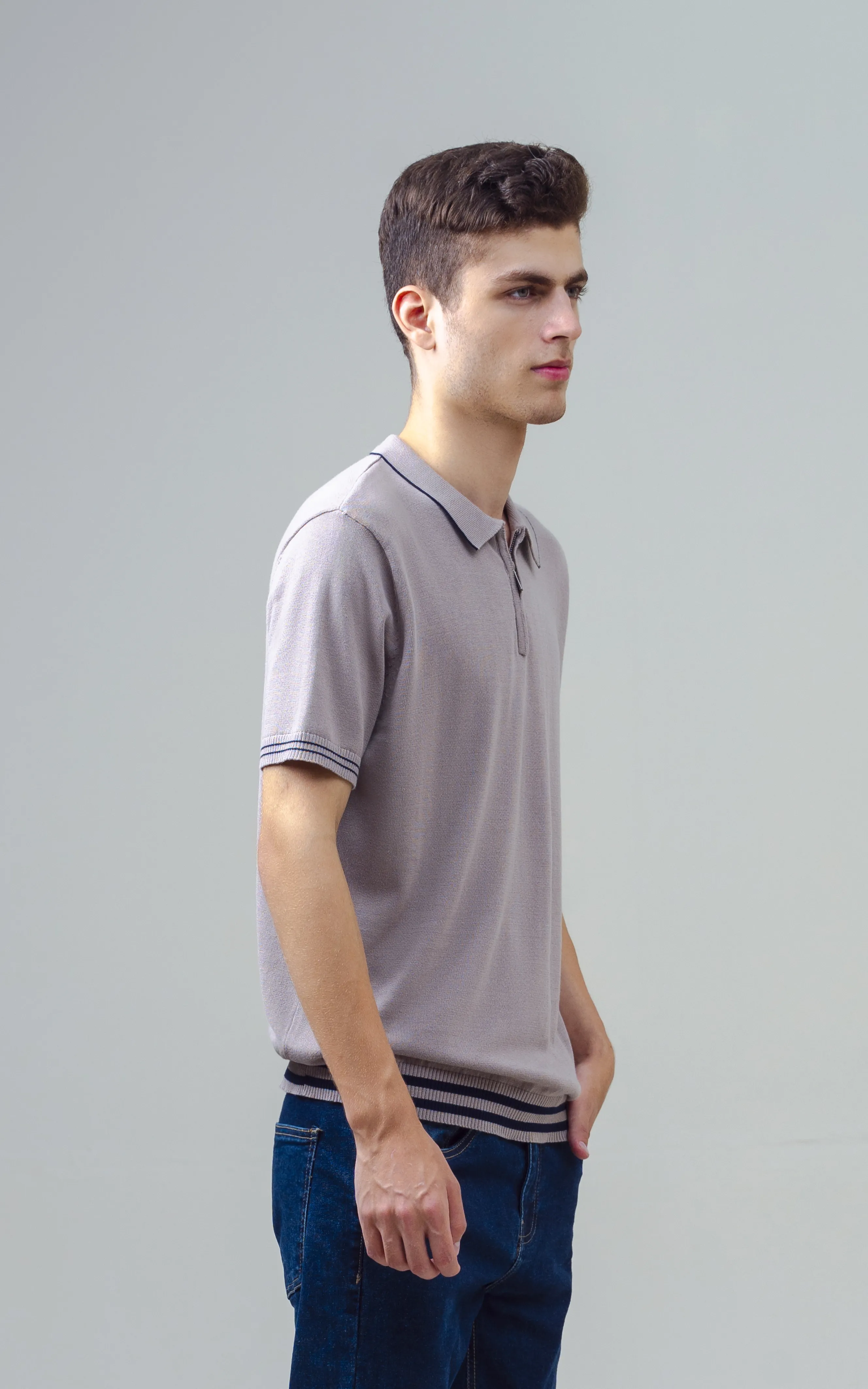 KNITTED TIPPING COLLAR ZIP POLO SHIRT ALMOND - Image 4