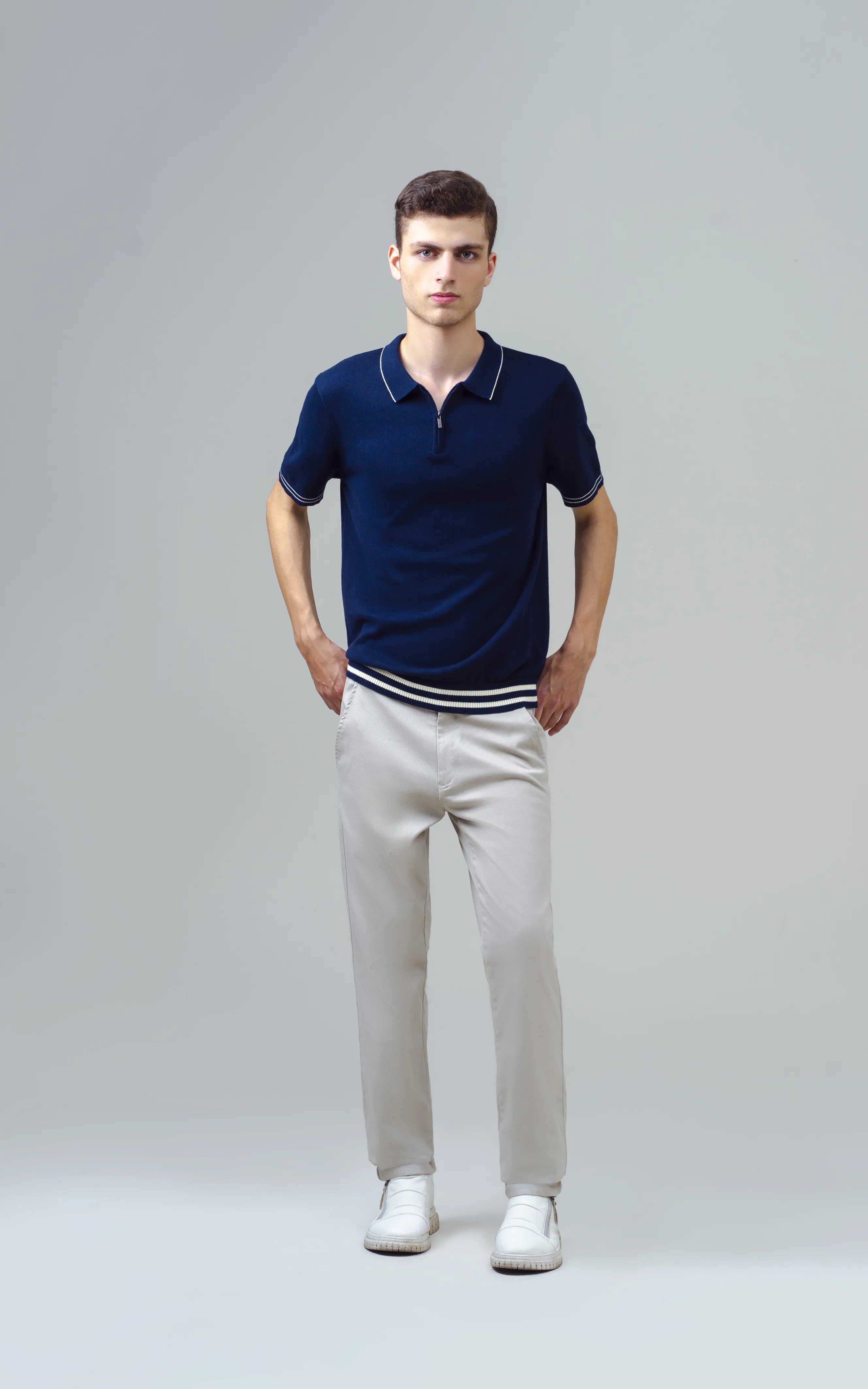 KNITTED TIPPING COLLAR ZIP POLO SHIRT NAVY