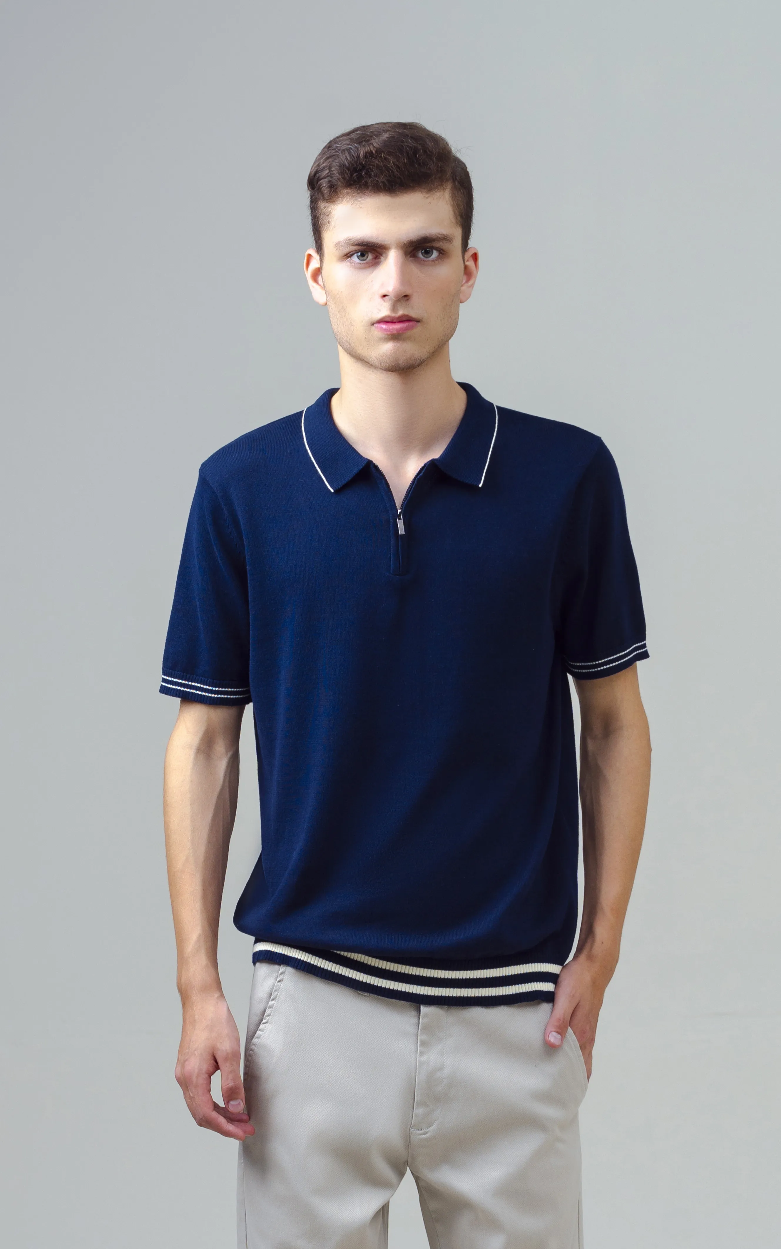 KNITTED TIPPING COLLAR ZIP POLO SHIRT NAVY - Image 3