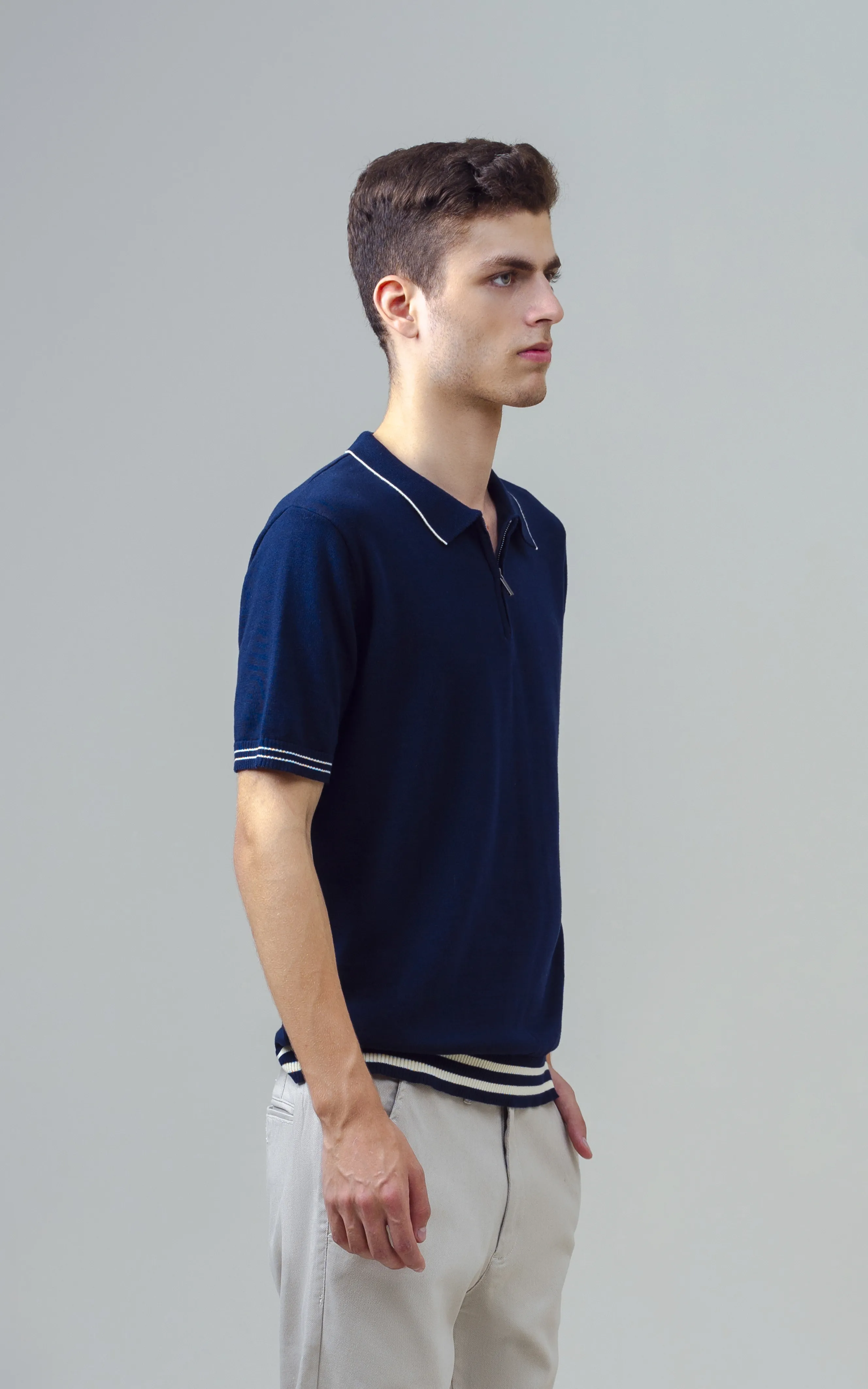 KNITTED TIPPING COLLAR ZIP POLO SHIRT NAVY - Image 4