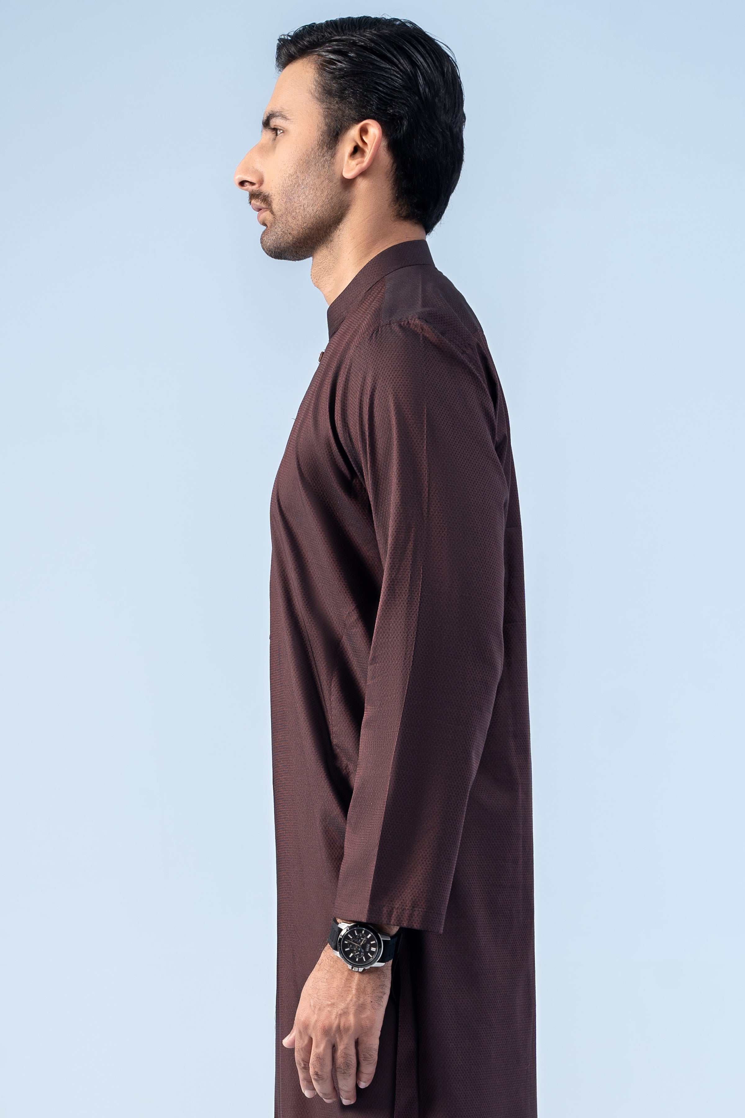 SELF DOBBY KURTA BROWN - Image 4