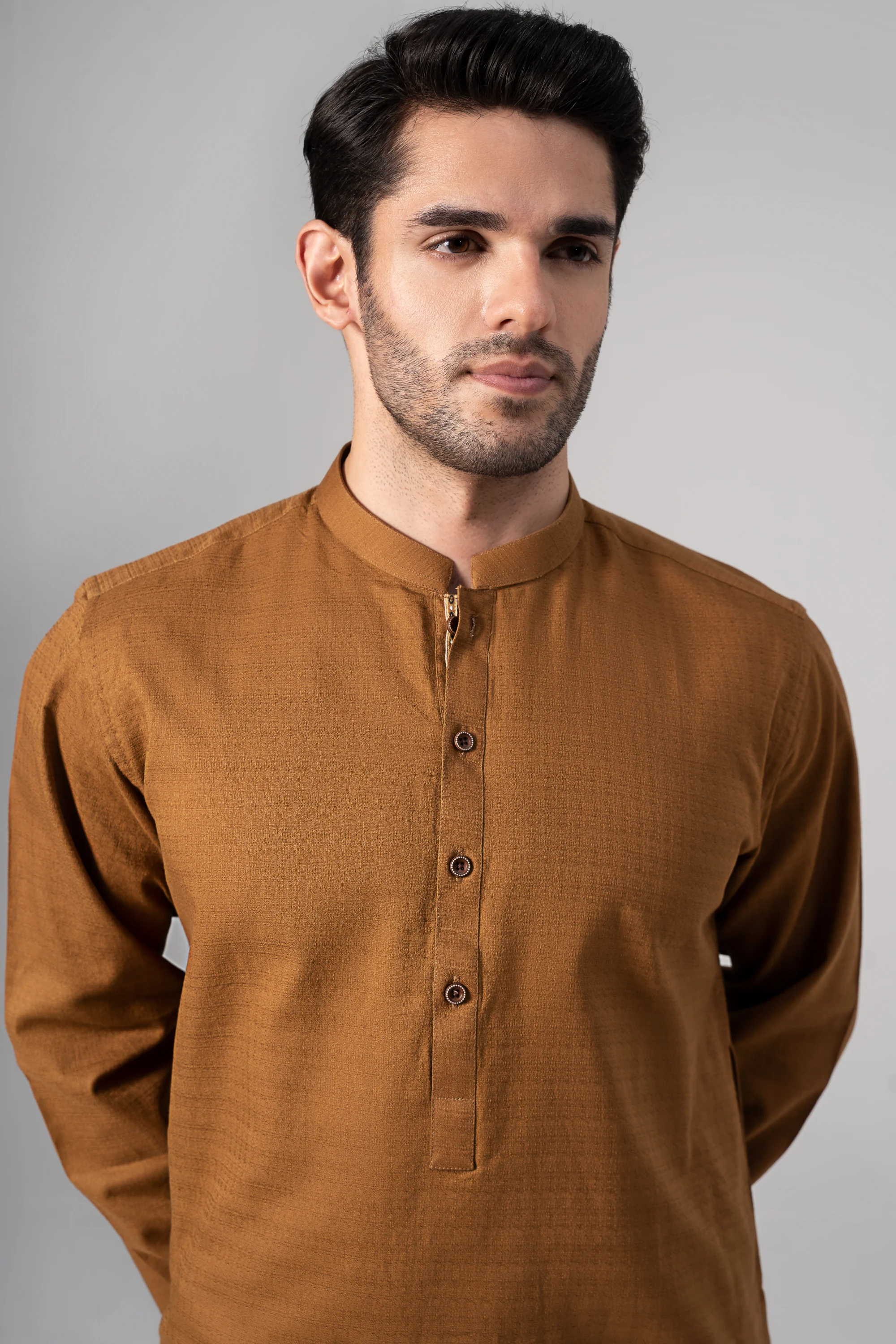 PREMIUM SELF DOBBY KURTA MUSTARD - Image 2