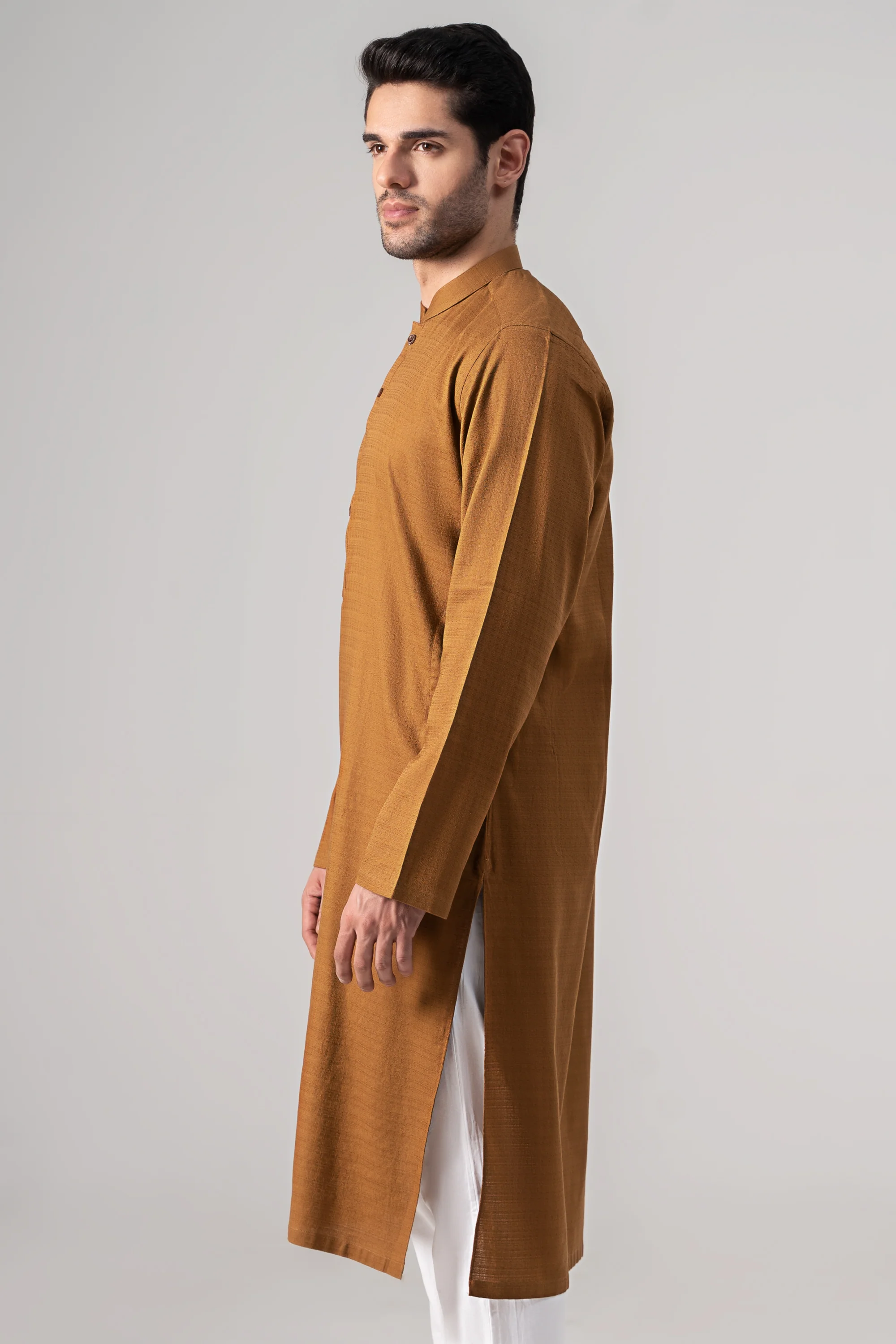 PREMIUM SELF DOBBY KURTA MUSTARD - Image 3