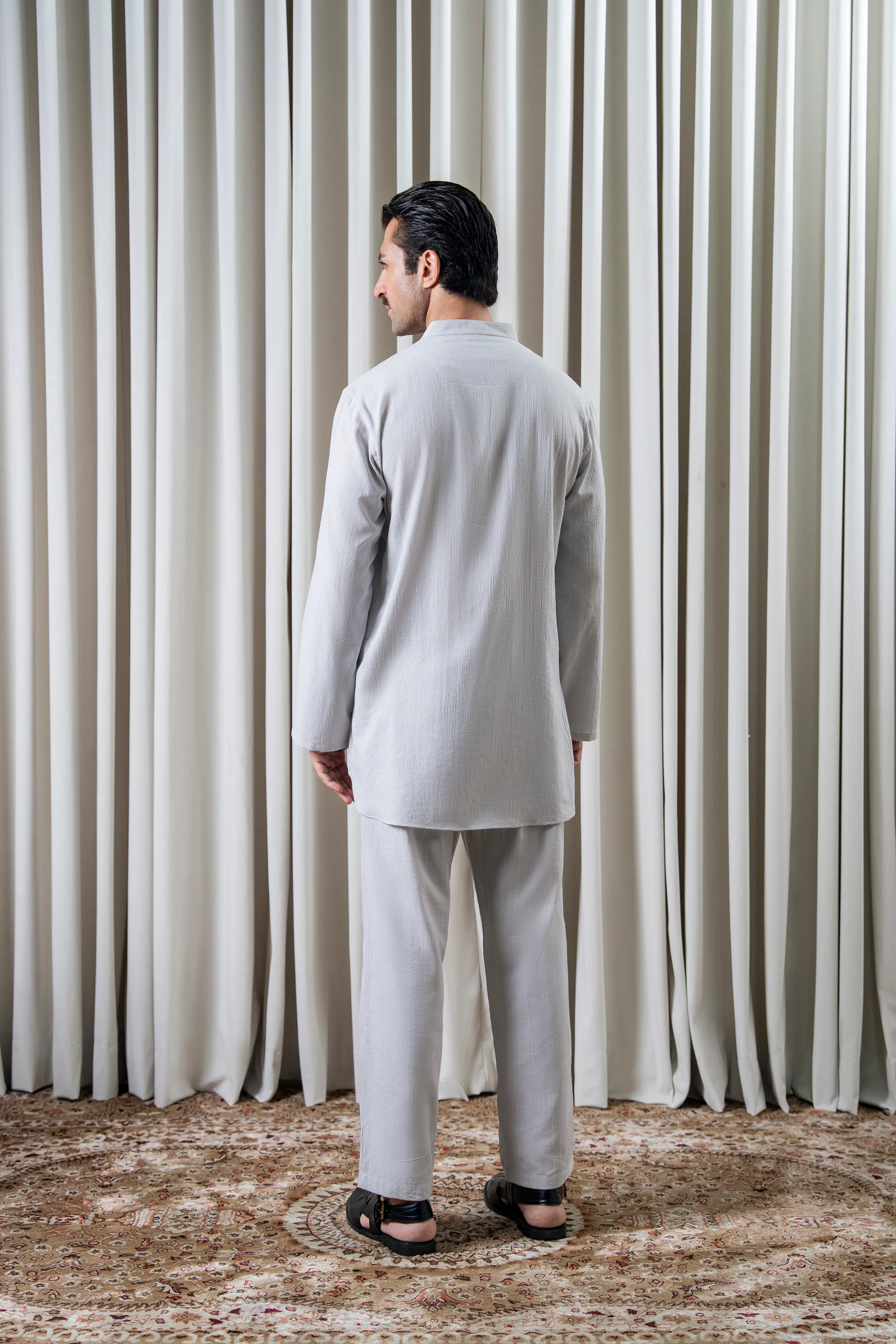 SELF TEXTURED KURTA PAJAMA - PREMIUM COLLECTION ASH WHITE - Image 4