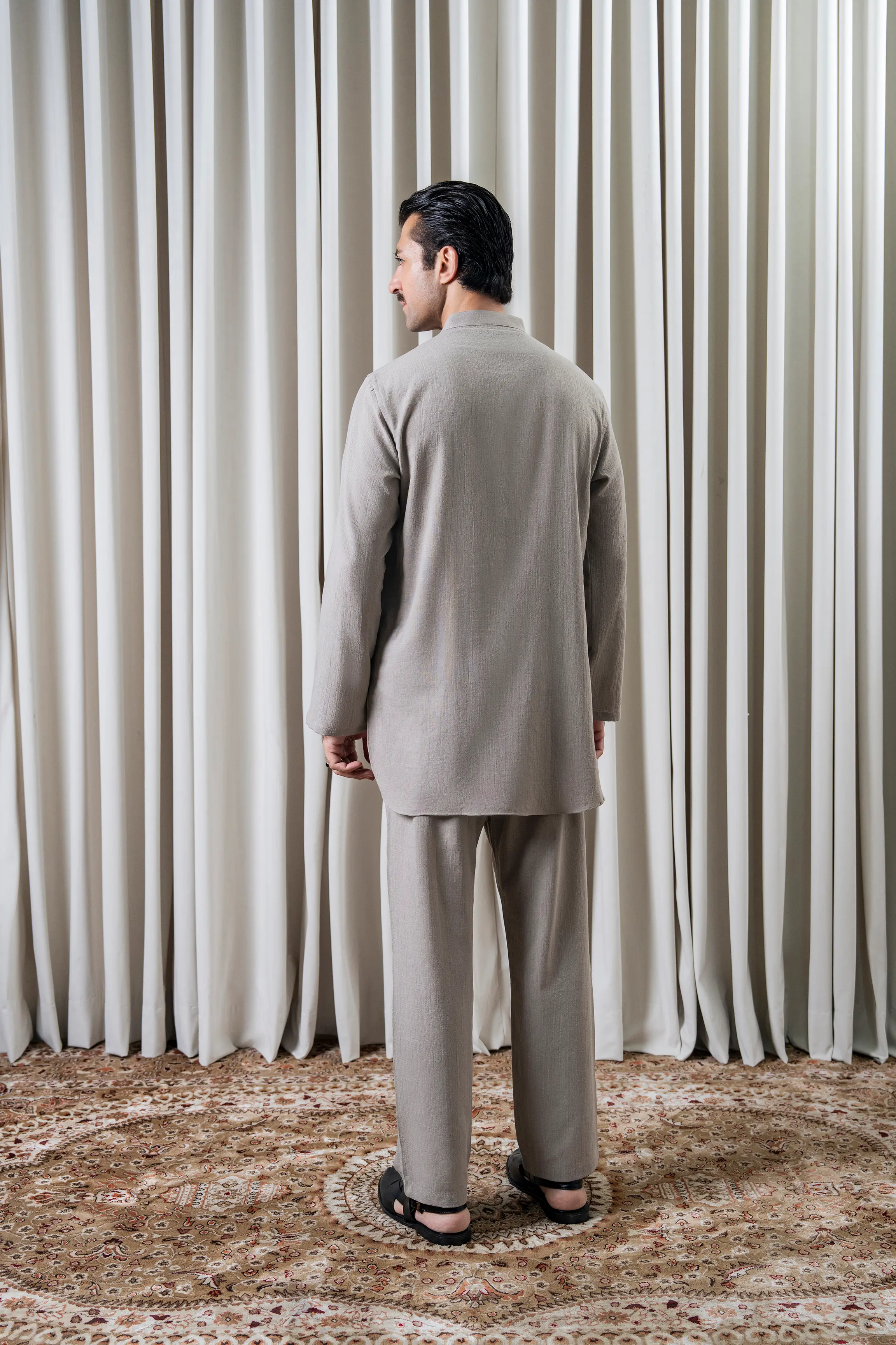 SELF TEXTURED KURTA PAJAMA - PREMIUM COLLECTION BEIGE - Image 4