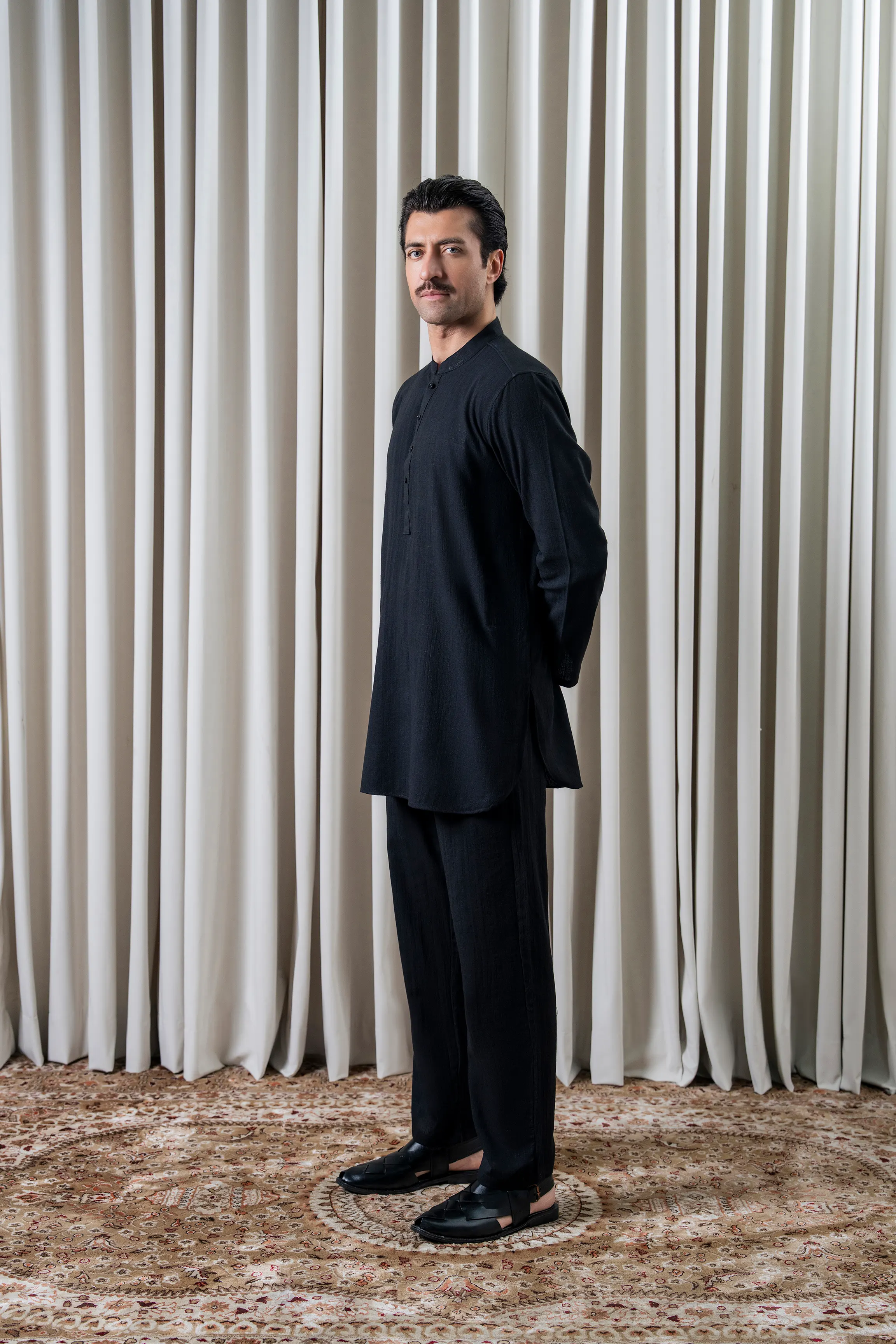 SELF TEXTURED KURTA PAJAMA - PREMIUM COLLECTION BLACK - Image 3
