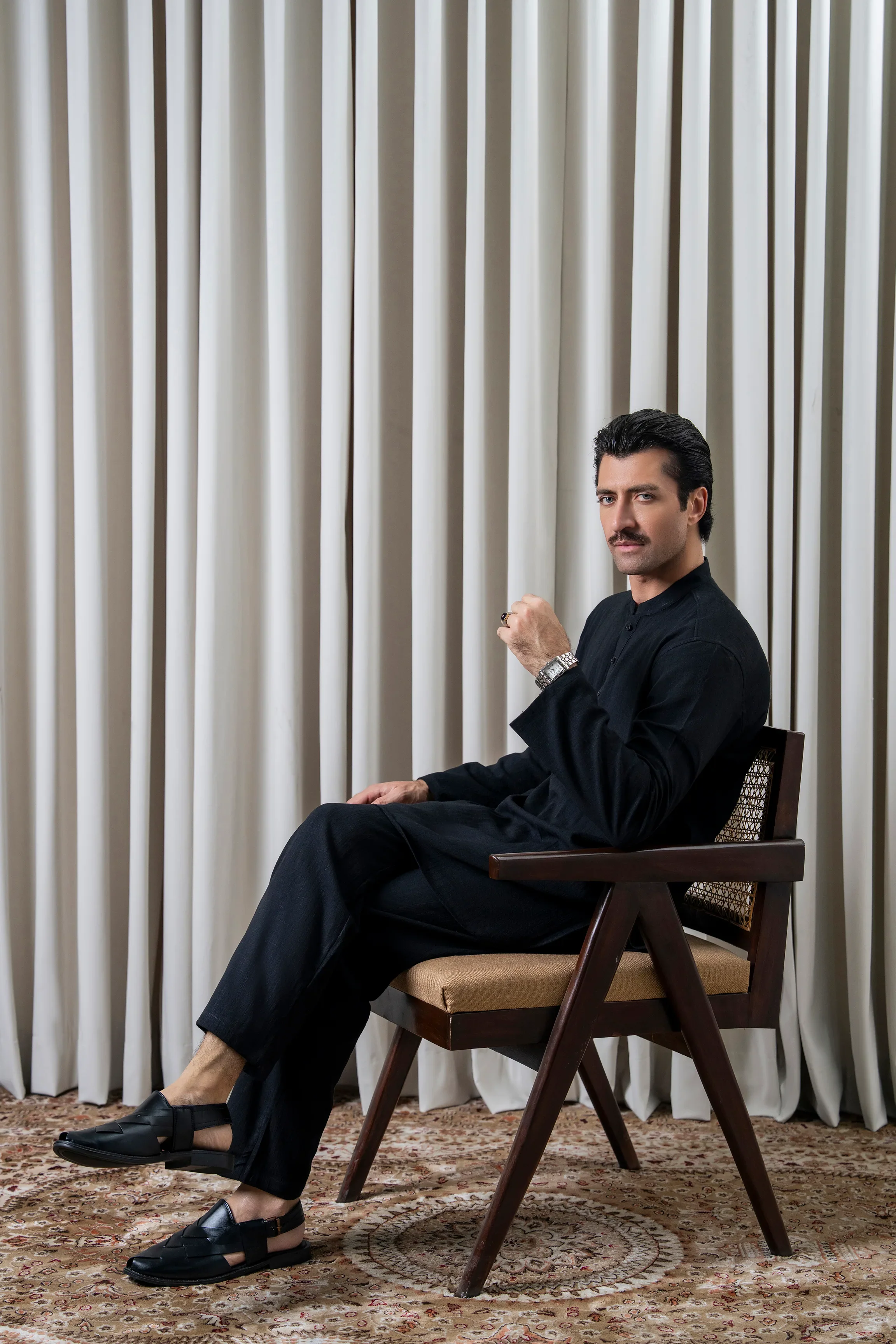 SELF TEXTURED KURTA PAJAMA - PREMIUM COLLECTION BLACK - Image 5