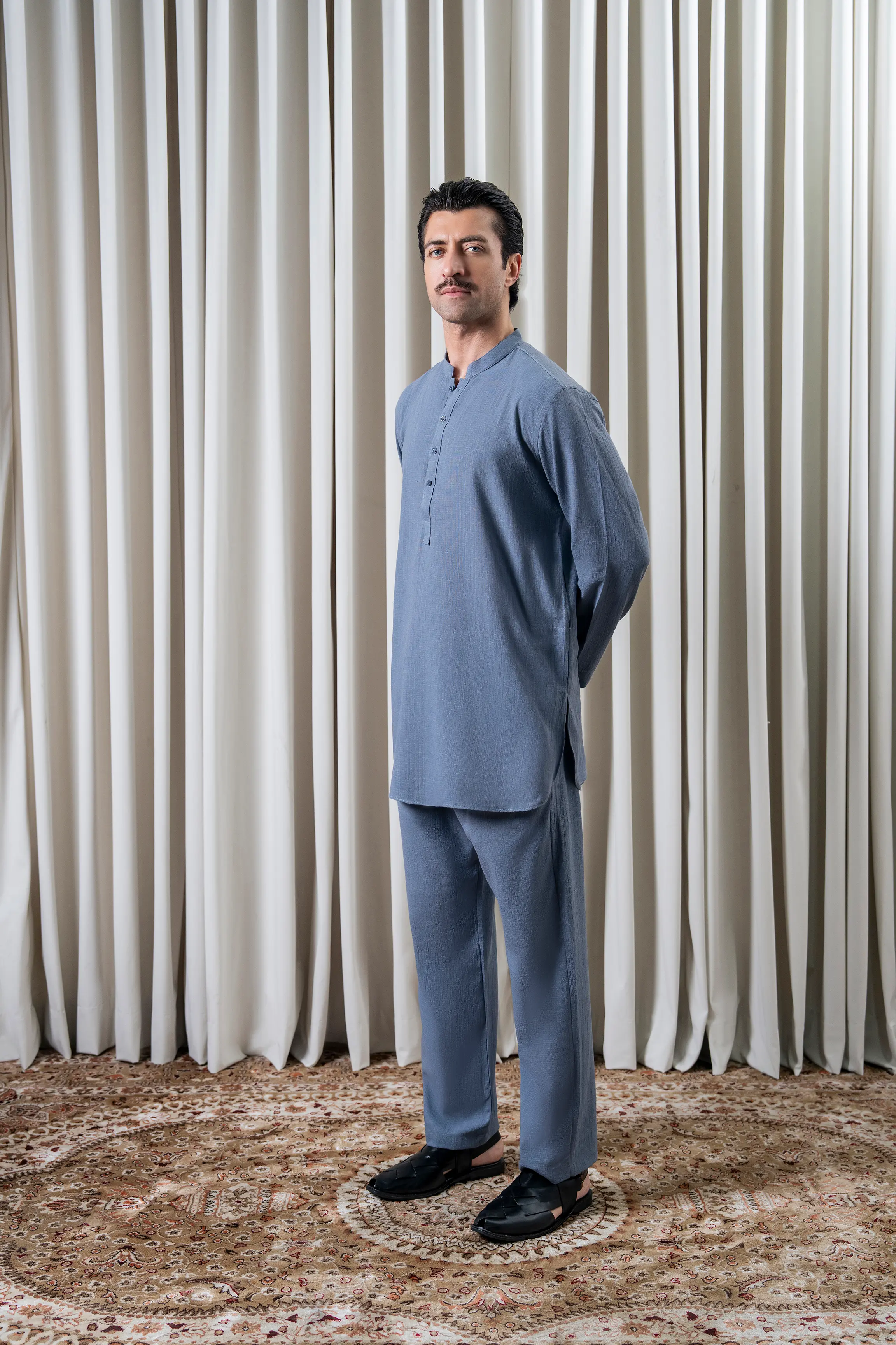 SELF TEXTURED KURTA PAJAMA - PREMIUM COLLECTION DENIM BLUE - Image 3