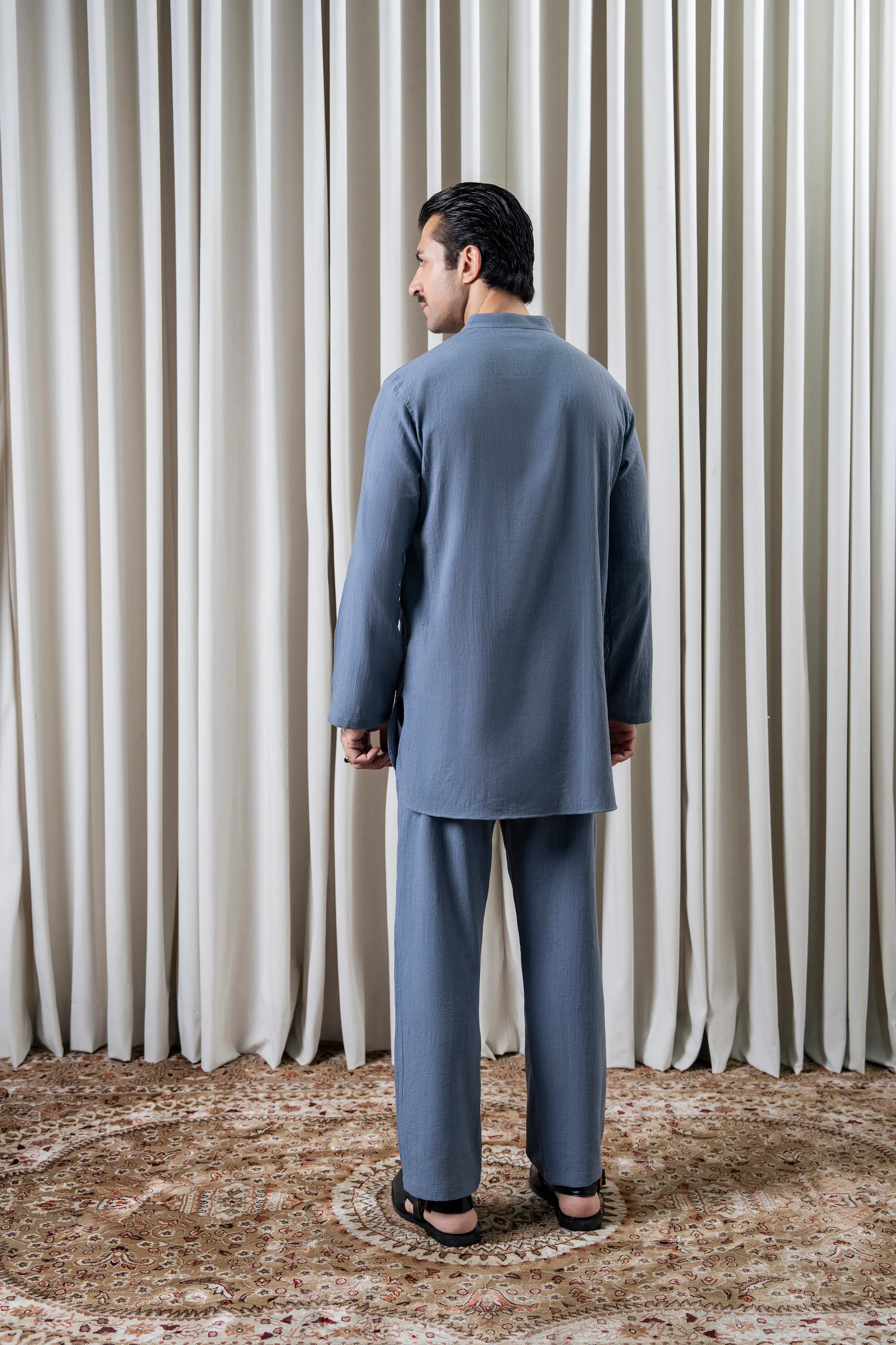 SELF TEXTURED KURTA PAJAMA - PREMIUM COLLECTION DENIM BLUE - Image 4