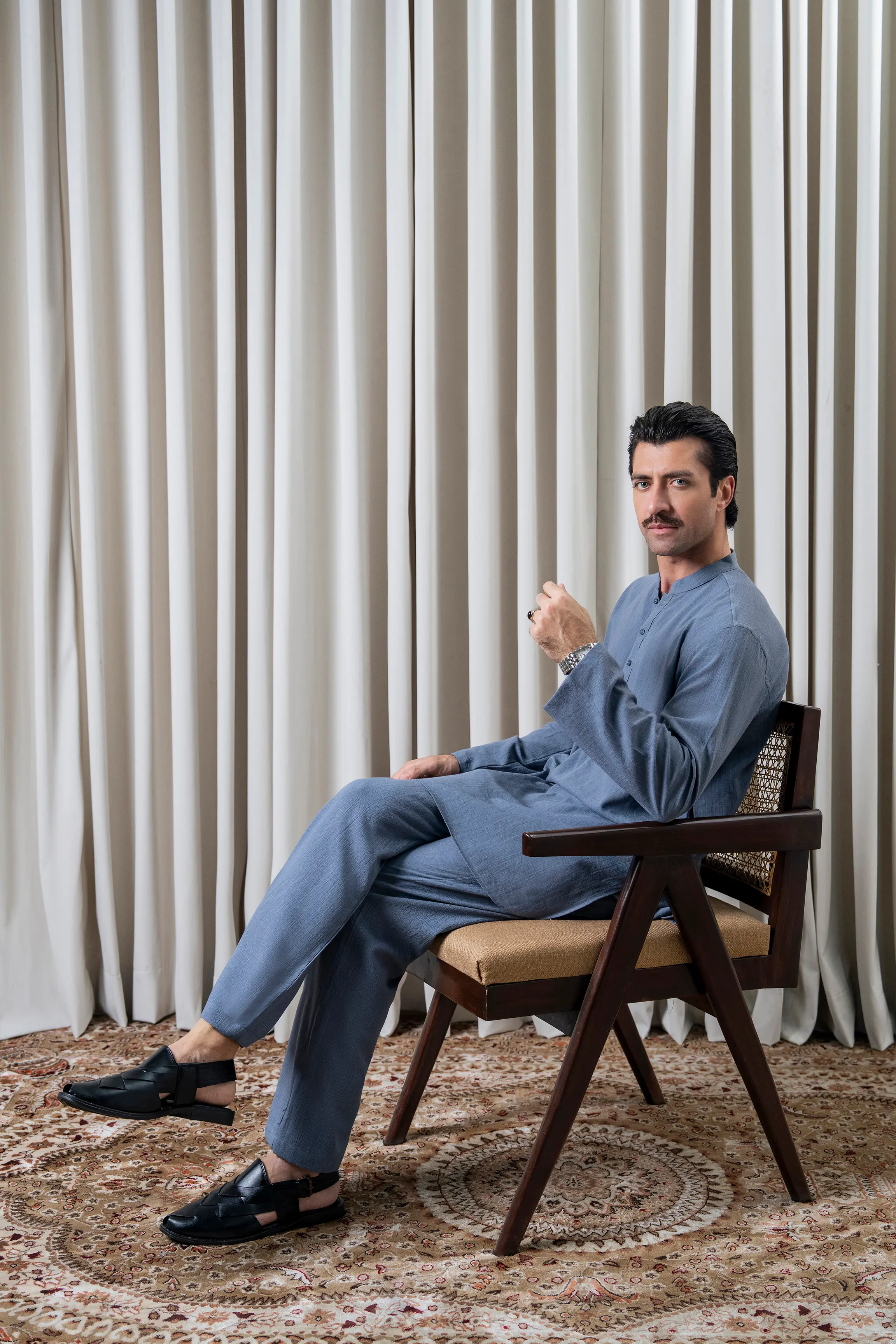 SELF TEXTURED KURTA PAJAMA - PREMIUM COLLECTION DENIM BLUE - Image 5