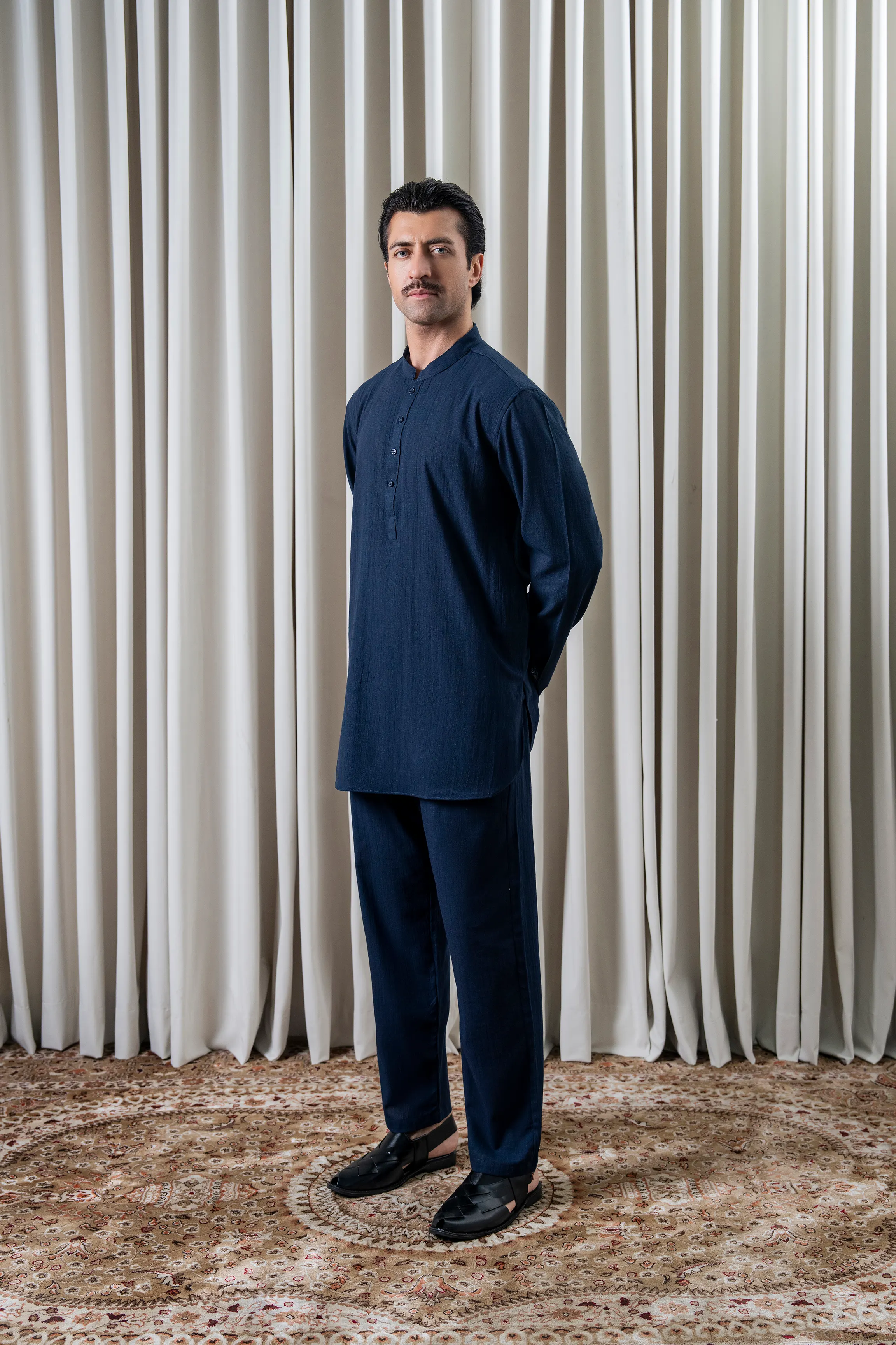 SELF TEXTURED KURTA PAJAMA - PREMIUM COLLECTION NAVY - Image 3