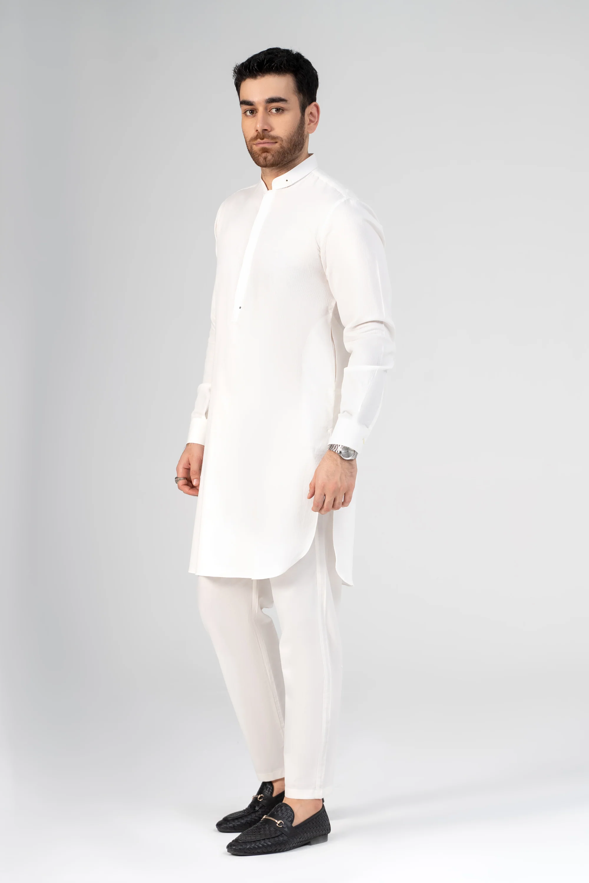 SELF DOBBY KURTA PAJAMA WHITE - Image 2