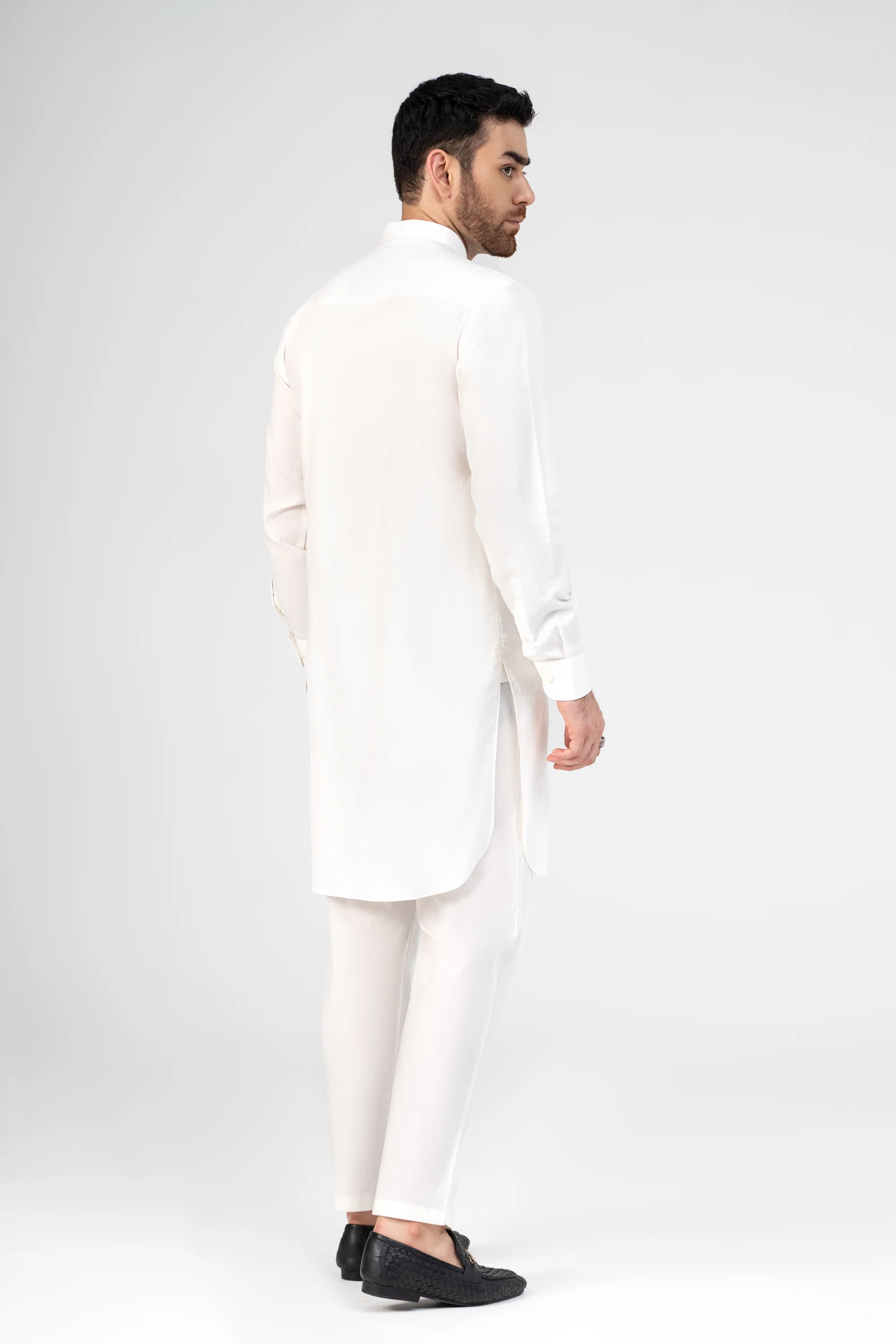 SELF DOBBY KURTA PAJAMA WHITE - Image 3